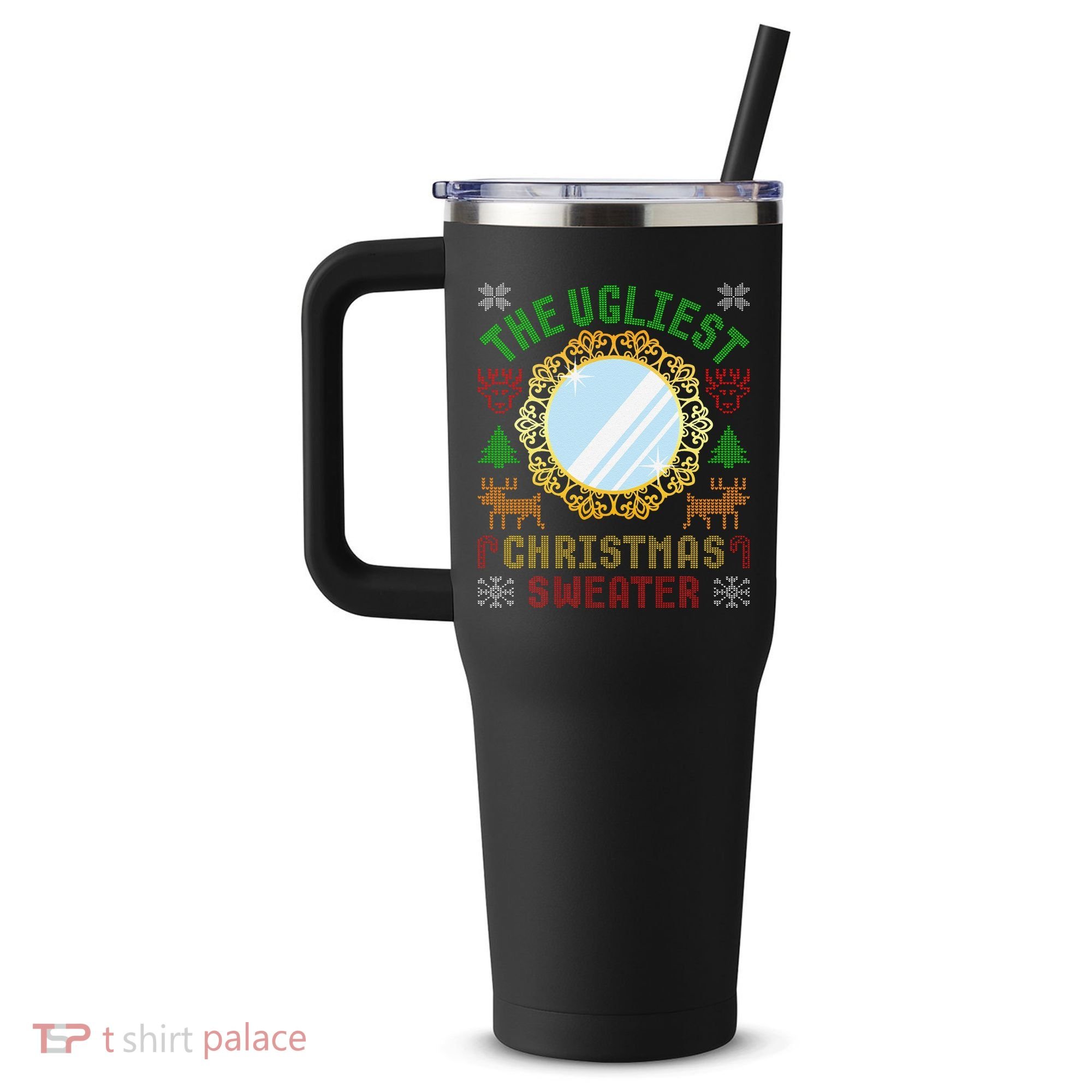 The Ugliest Christmas Sweater With An Image Of A Mirror 40oz Vacuum Insulated Stainless Steel Travel Tumbler