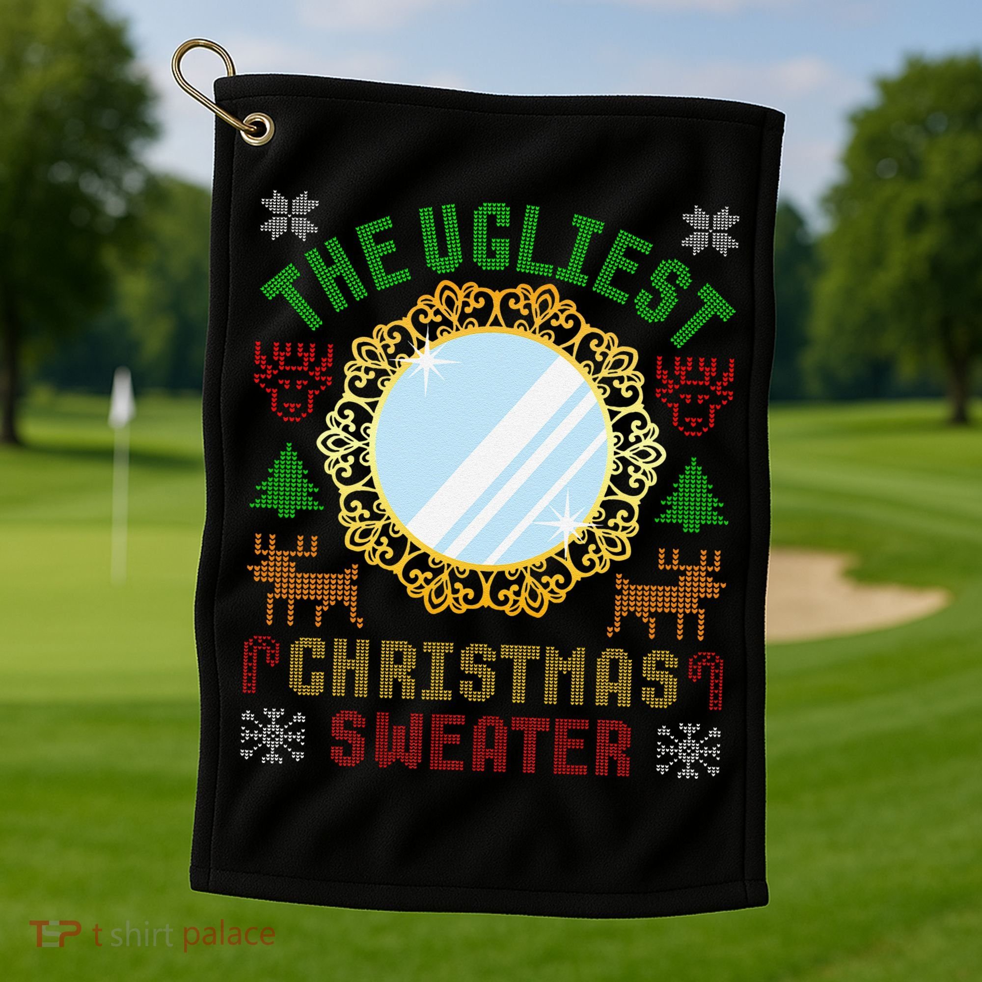 The Ugliest Christmas Sweater With An Image Of A Mirror Golf Towel