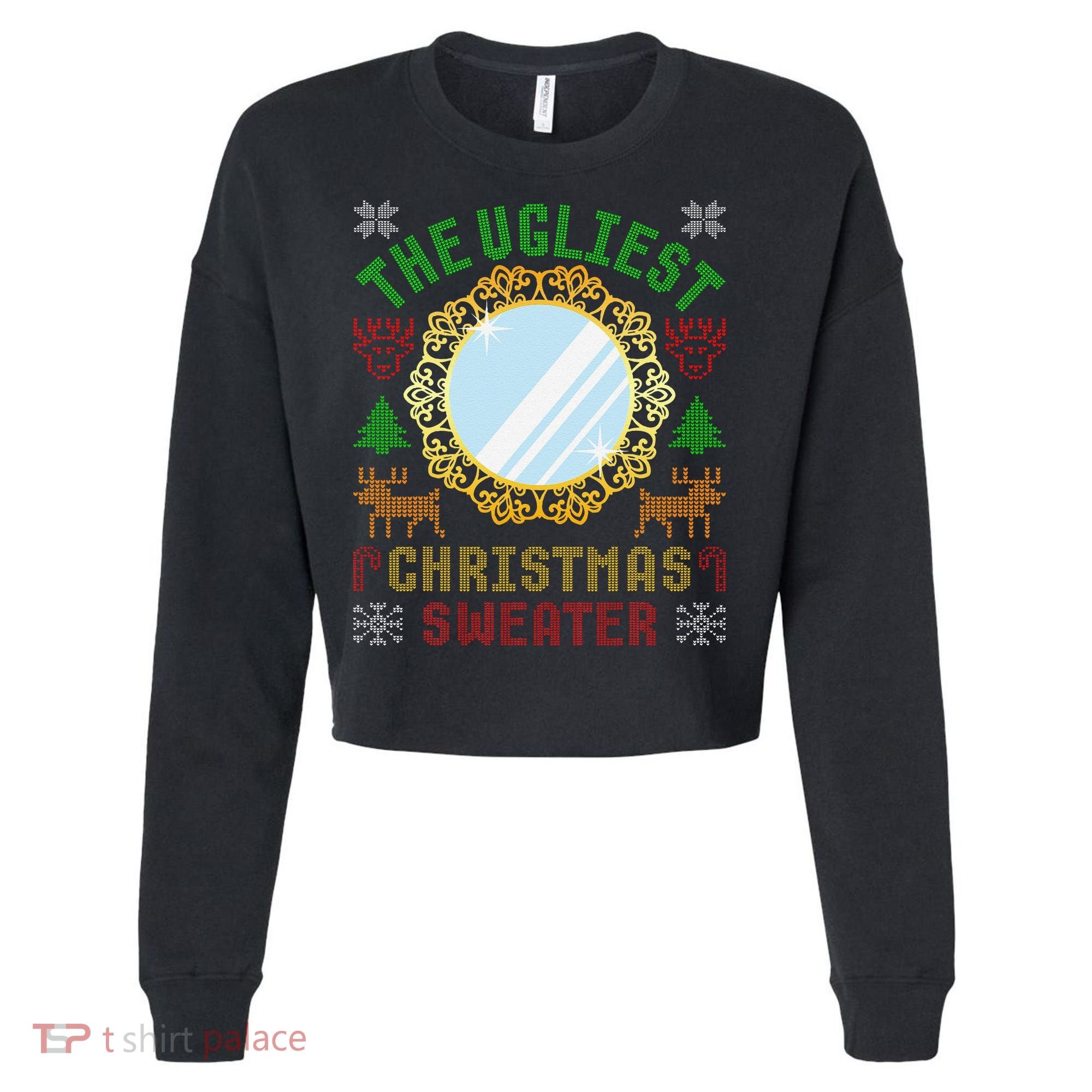 The Ugliest Christmas Sweater With An Image Of A Mirror Cropped Pullover Crew