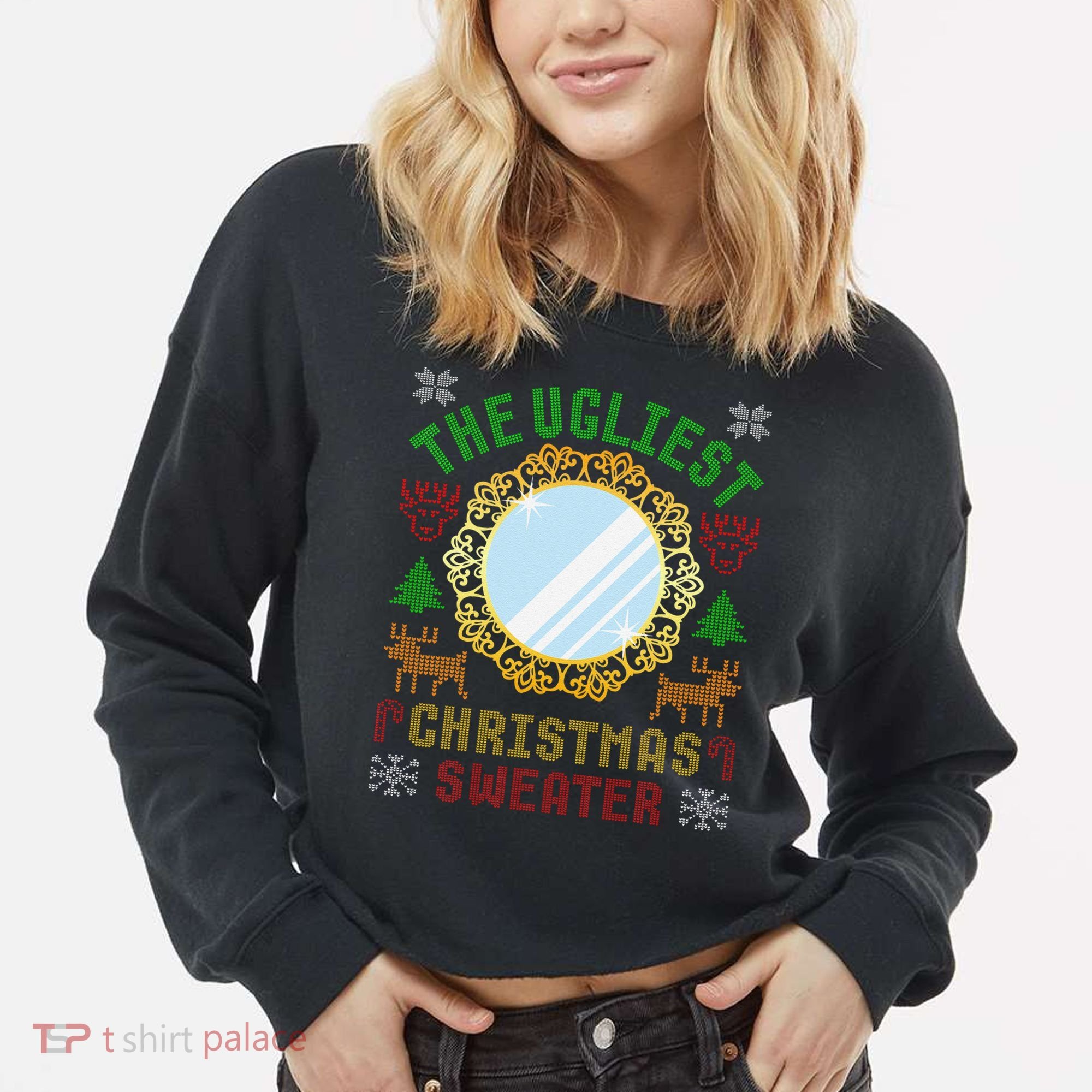 The Ugliest Christmas Sweater With An Image Of A Mirror Cropped Pullover Crew