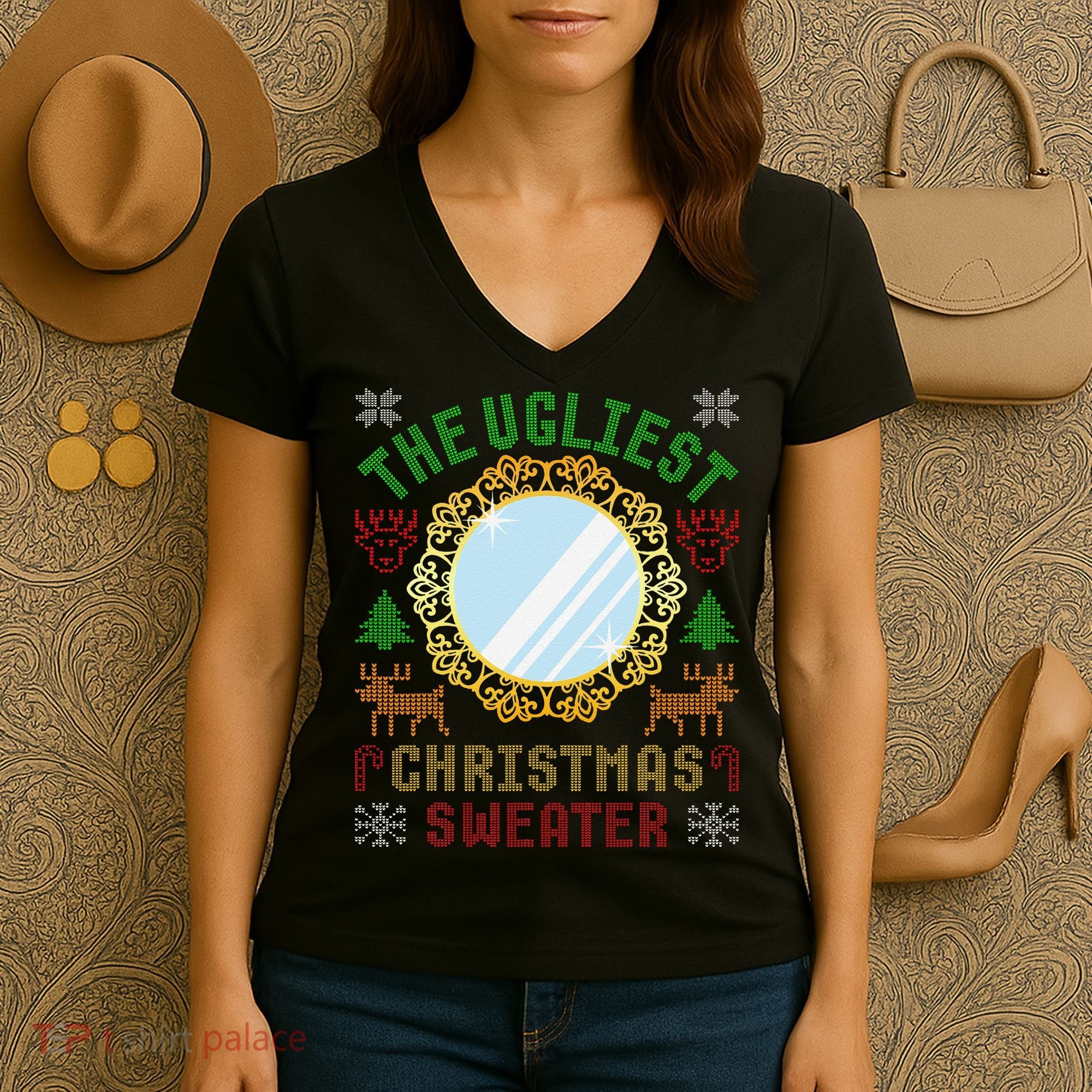The Ugliest Christmas Sweater With An Image Of A Mirror Women's V-Neck T-Shirt