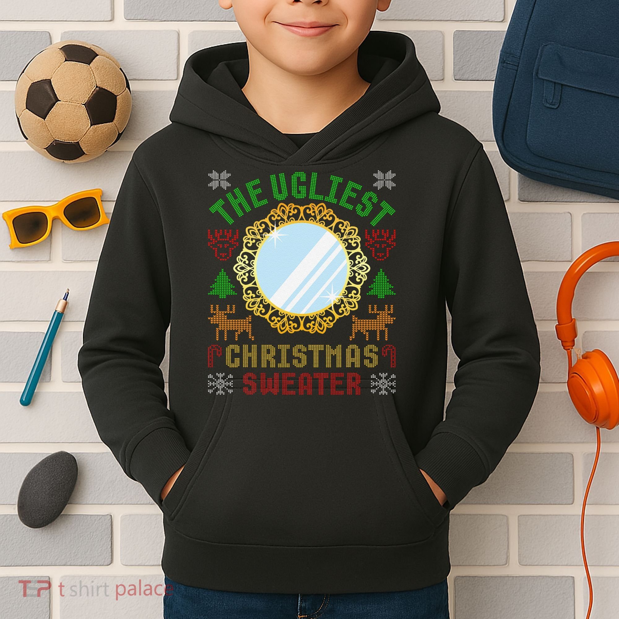 The Ugliest Christmas Sweater With An Image Of A Mirror Kids Hoodie