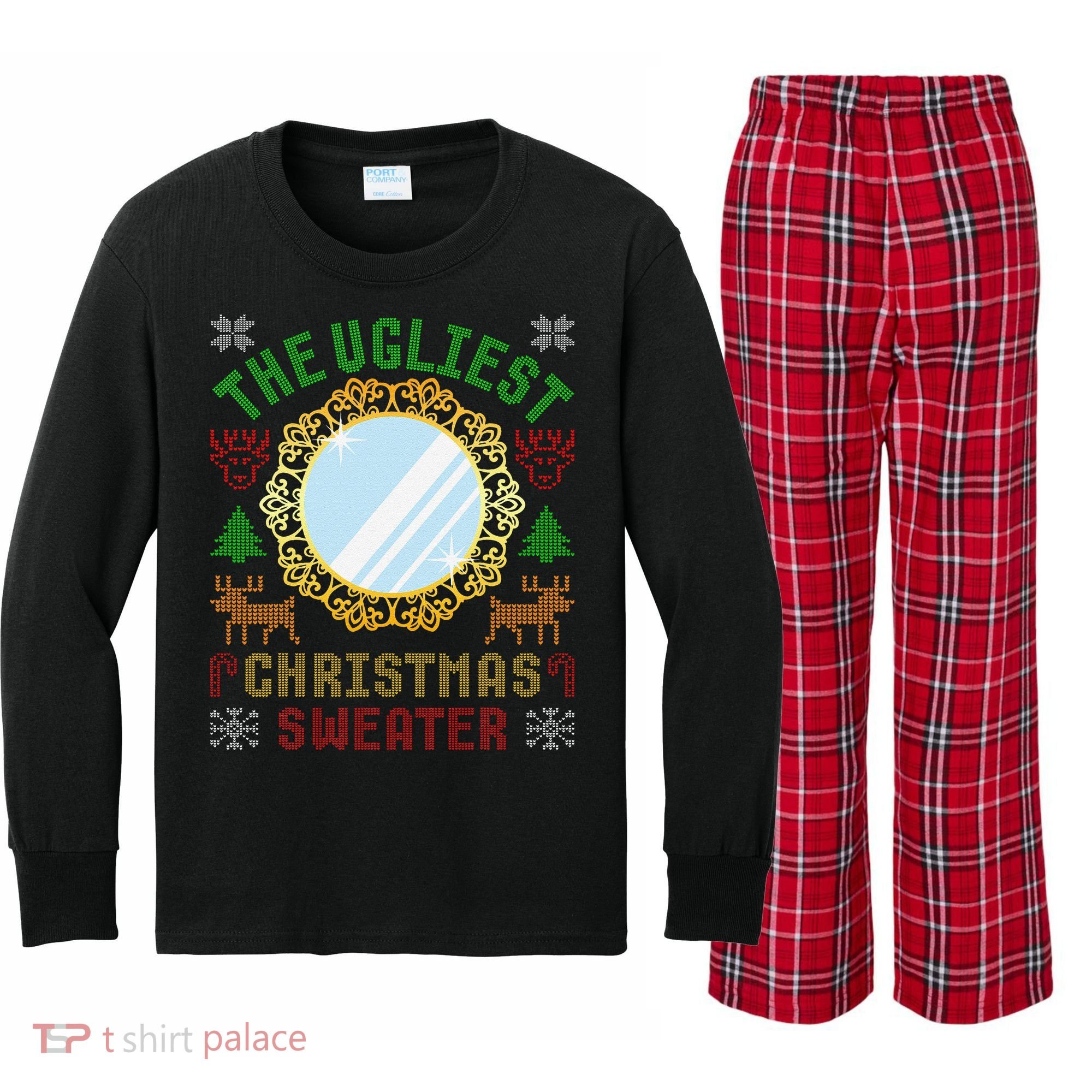 The Ugliest Christmas Sweater With An Image Of A Mirror Kids Long Sleeve Plaid Pajama Set