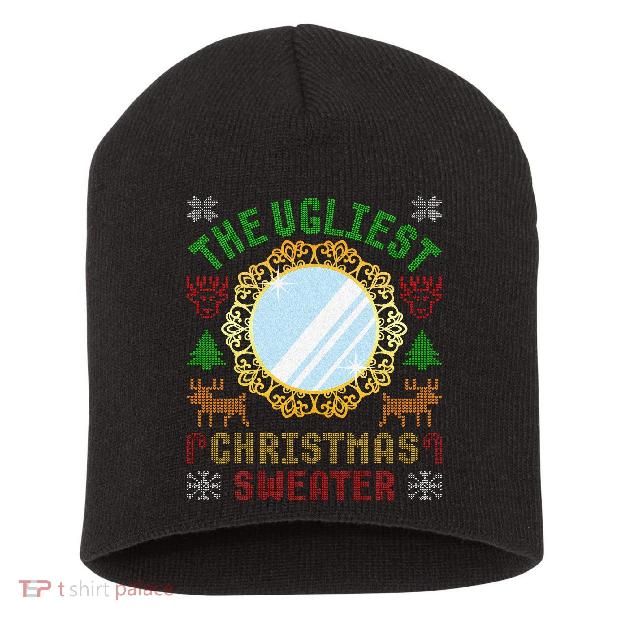 The Ugliest Christmas Sweater With An Image Of A Mirror Short Acrylic Beanie
