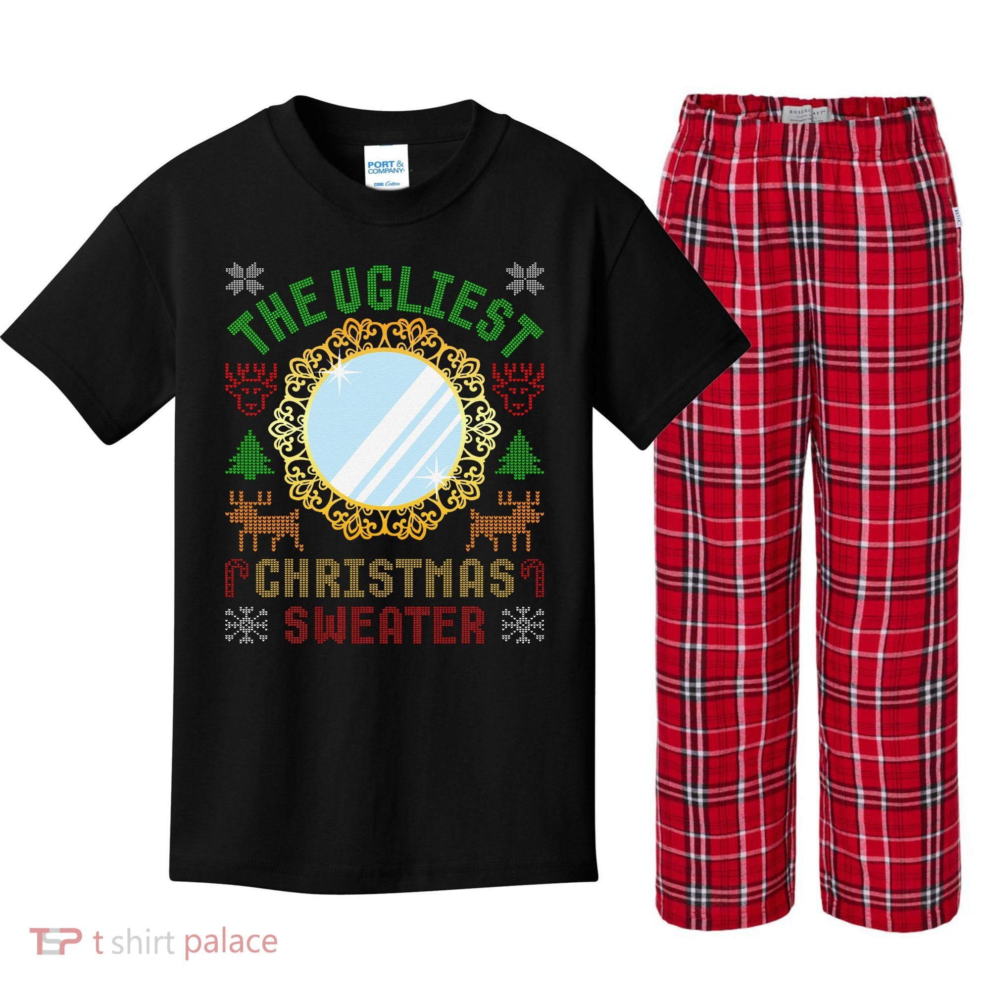 The Ugliest Christmas Sweater With An Image Of A Mirror Kids Plaid Pajama Set