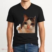 Thumbs Up Crying Cat Meme Cat Crying Thumps Up Memes Sad Cat V-Neck T-Shirt thumb 2