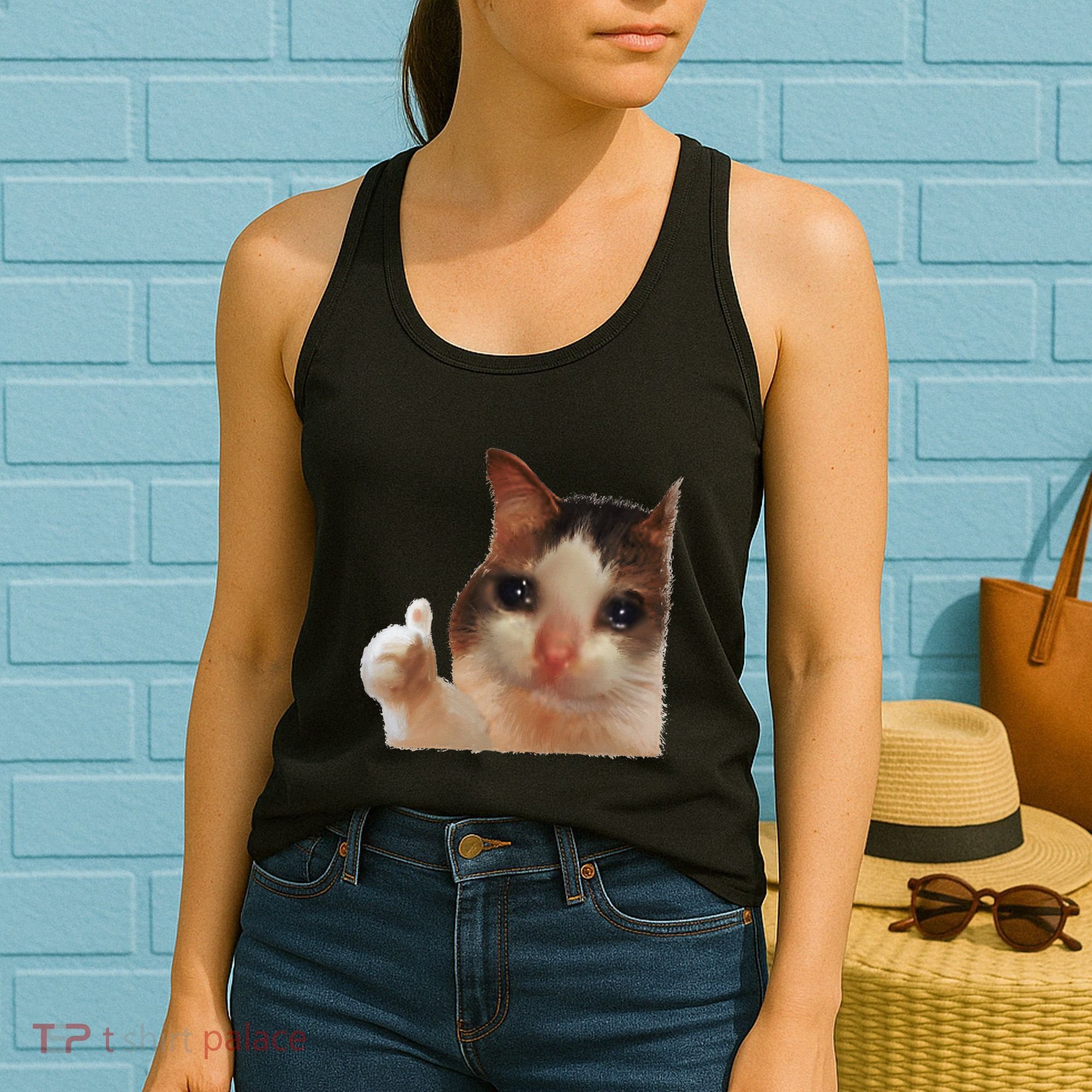 Thumbs Up Crying Cat Meme Cat Crying Thumps Up Memes Sad Cat Women's Tank Top