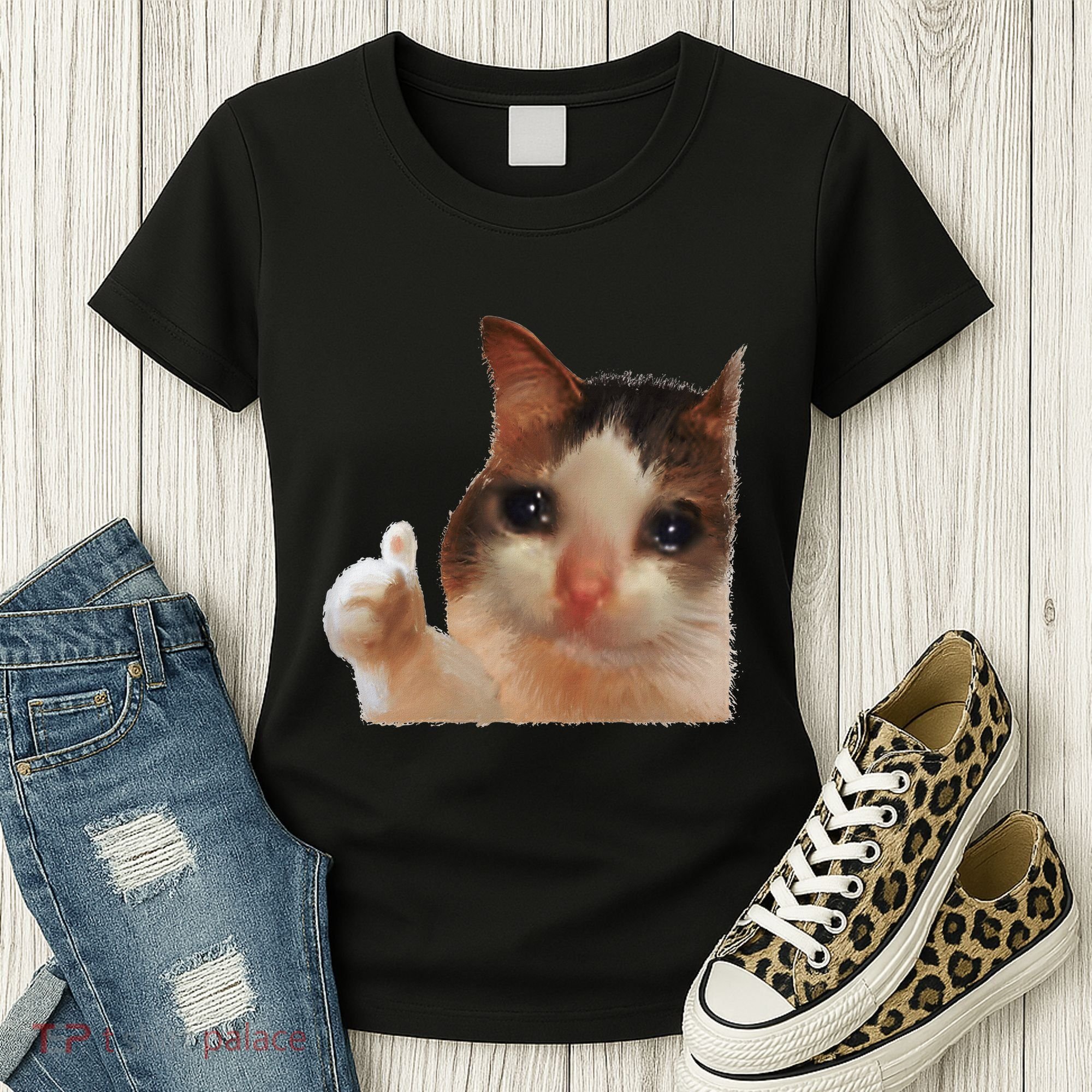 Thumbs Up Crying Cat Meme Cat Crying Thumps Up Memes Sad Cat Women's T-Shirt