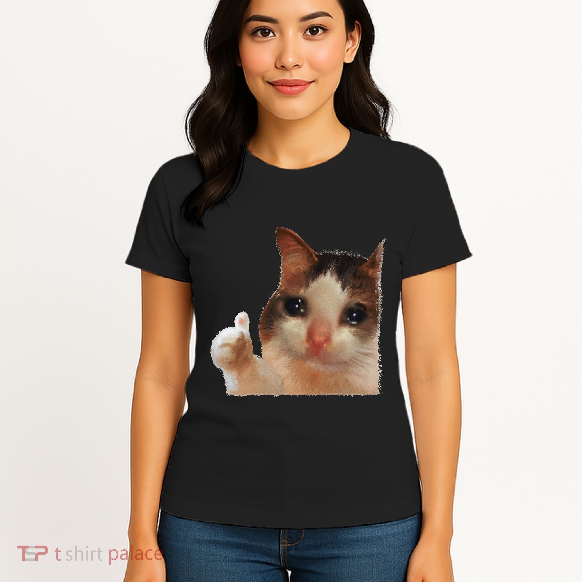 Thumbs Up Crying Cat Meme Cat Crying Thumps Up Memes Sad Cat Women's T-Shirt
