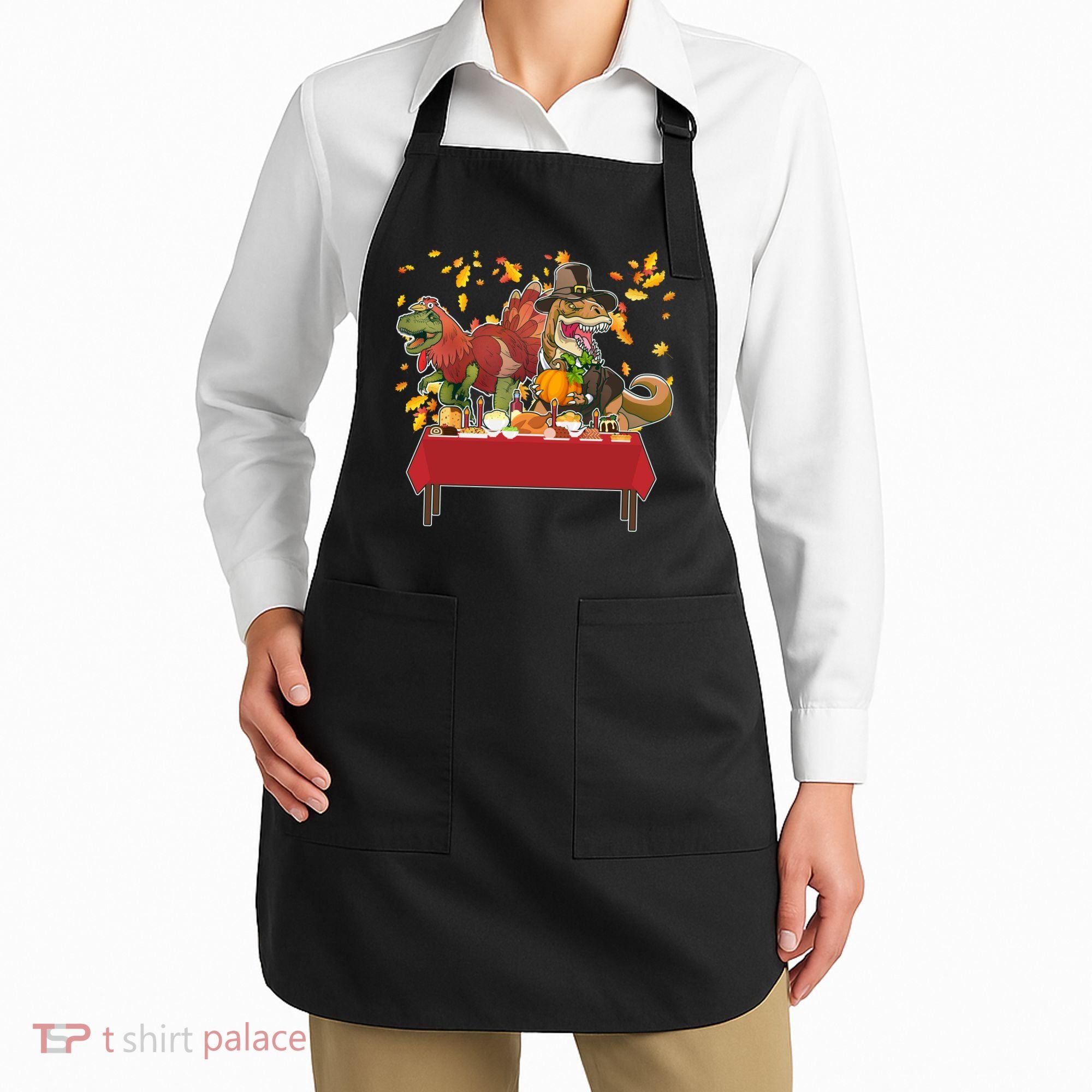 Turkey Pilgrim Dinosaurs T-Rex Funny Thanksgiving Apron