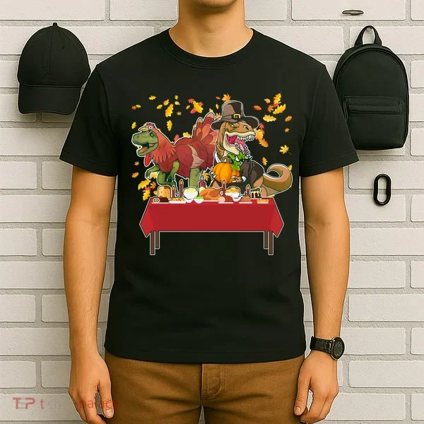 Turkey Pilgrim Dinosaurs T-Rex Funny Thanksgiving T-Shirt