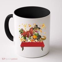 Turkey Pilgrim Dinosaurs T-Rex Funny Thanksgiving Coffee Mug thumb 0