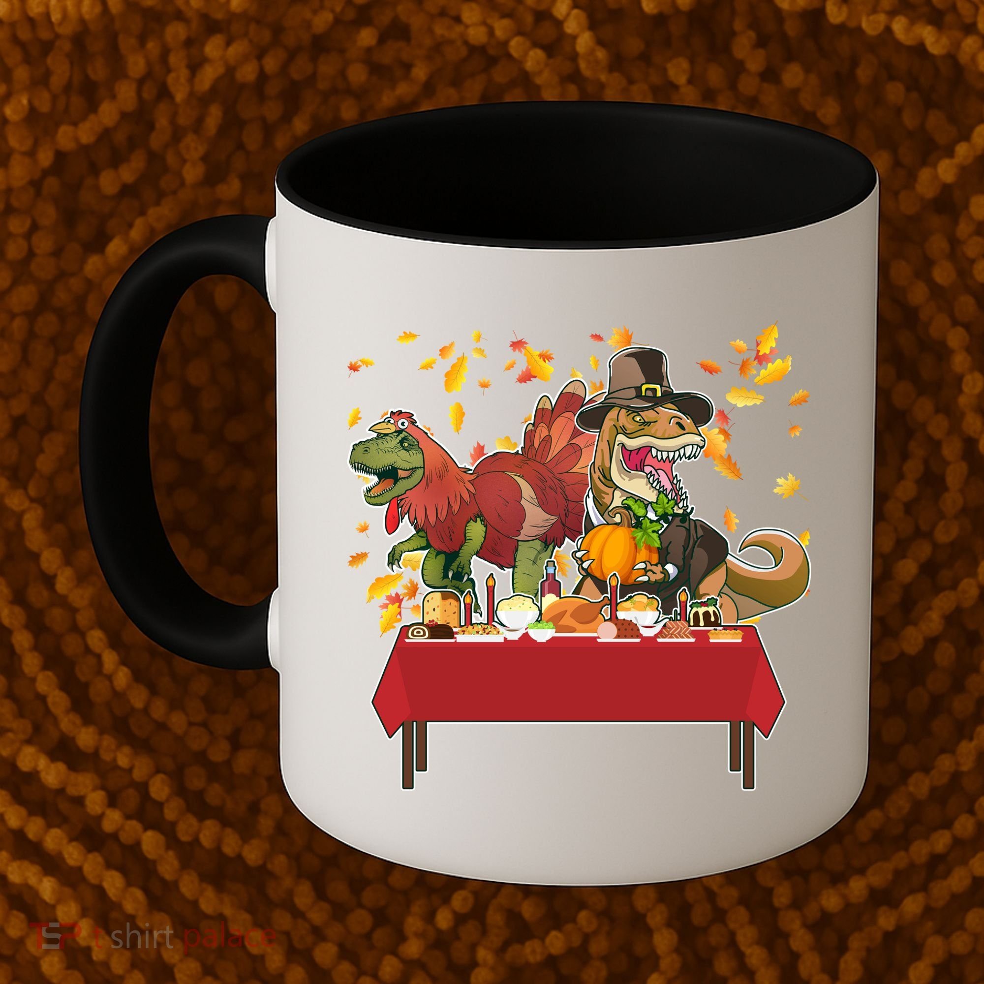 Turkey Pilgrim Dinosaurs T-Rex Funny Thanksgiving Coffee Mug