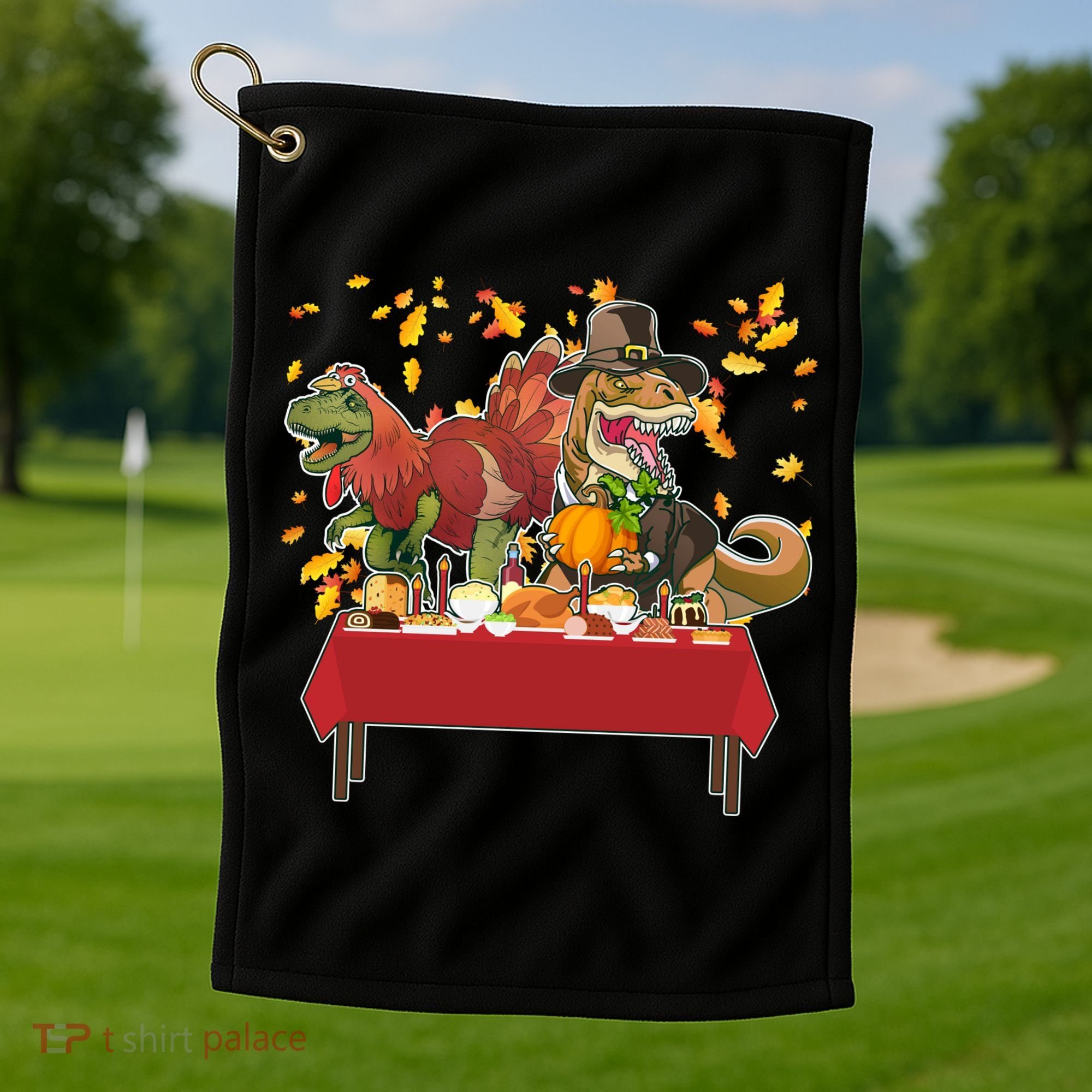 Turkey Pilgrim Dinosaurs T-Rex Funny Thanksgiving Golf Towel