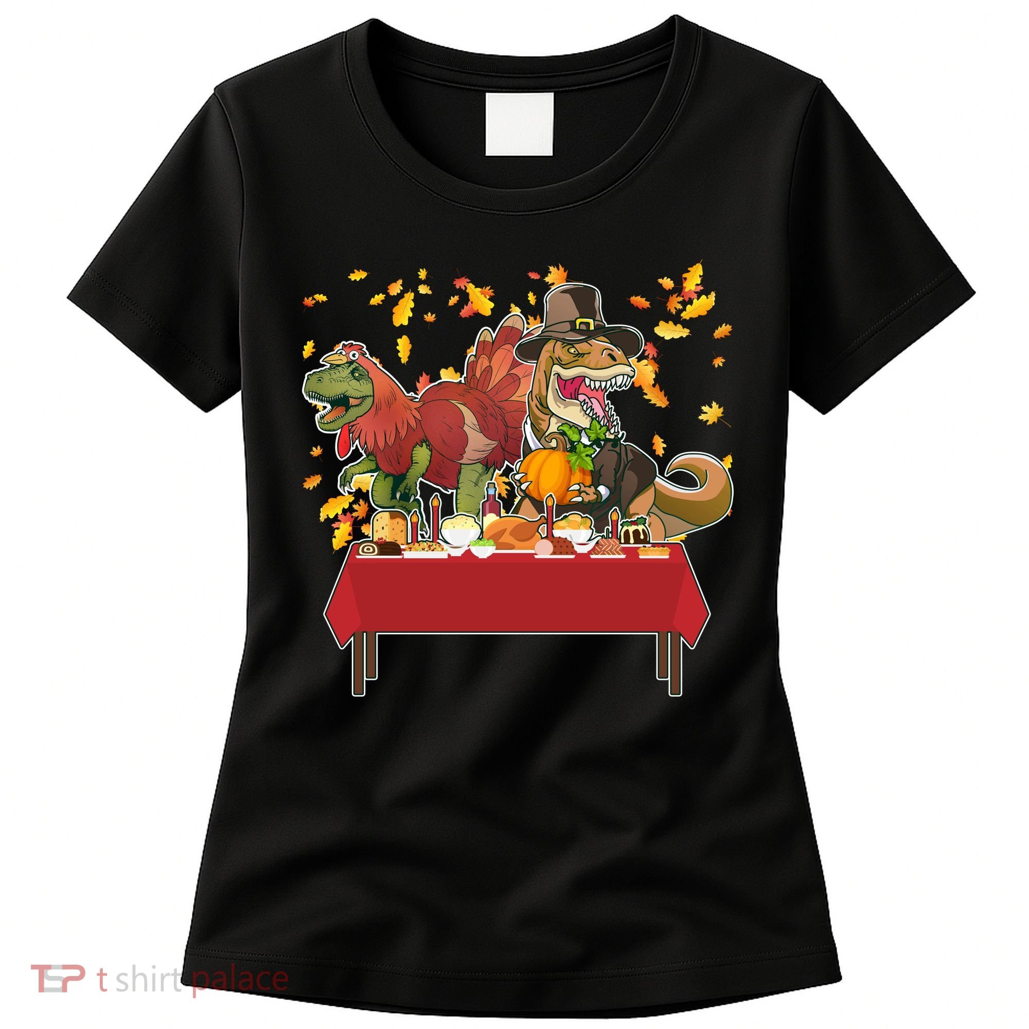 Turkey Pilgrim Dinosaurs T-Rex Funny Thanksgiving Women's T-Shirt