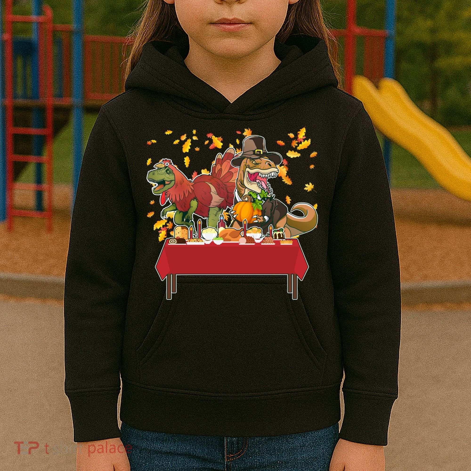 Turkey Pilgrim Dinosaurs T-Rex Funny Thanksgiving Kids Hoodie