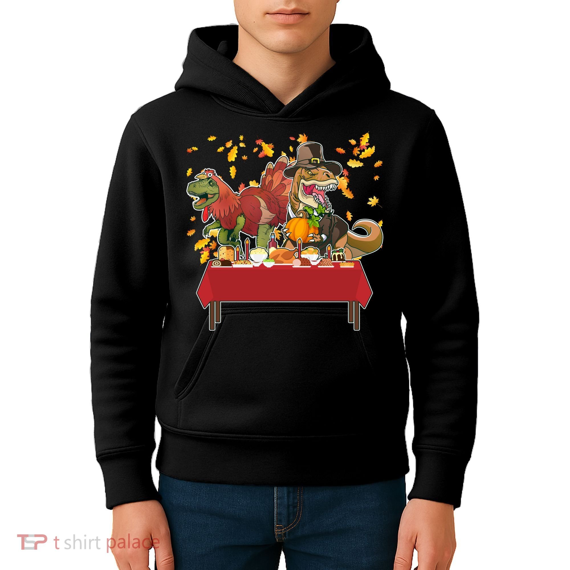 Turkey Pilgrim Dinosaurs T-Rex Funny Thanksgiving Kids Hoodie