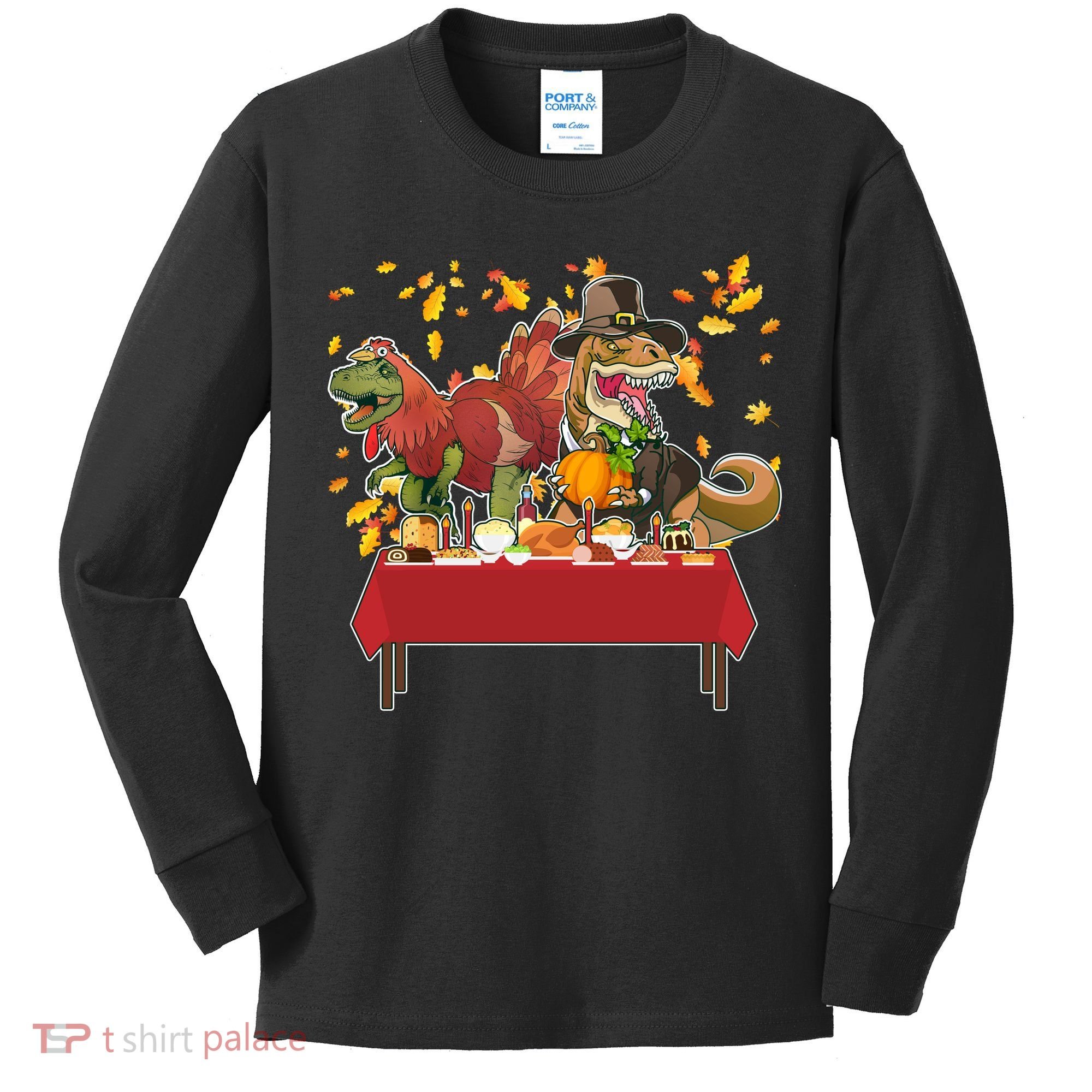 Turkey Pilgrim Dinosaurs T-Rex Funny Thanksgiving Kids Long Sleeve Shirt
