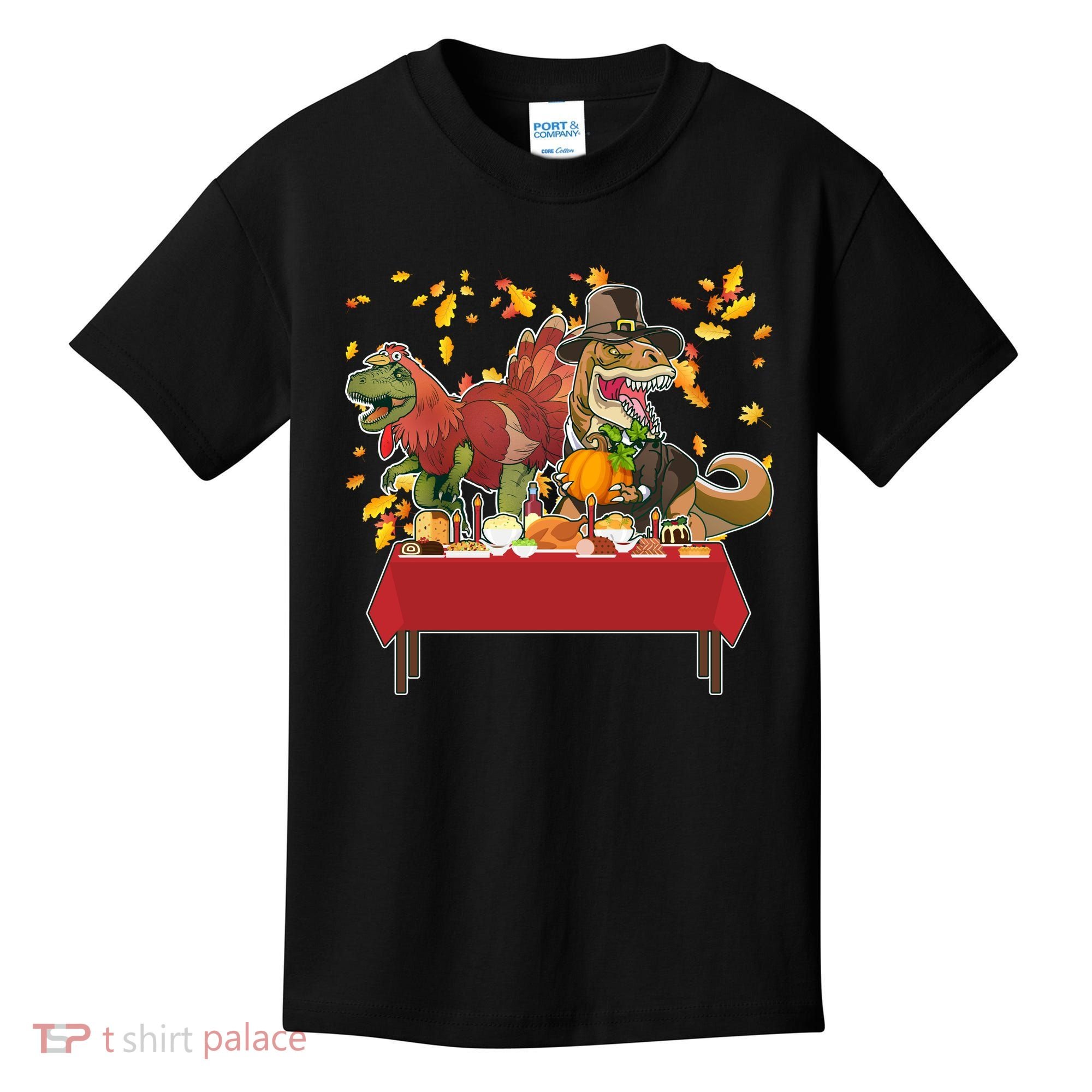 Turkey Pilgrim Dinosaurs T-Rex Funny Thanksgiving Kids T-Shirt