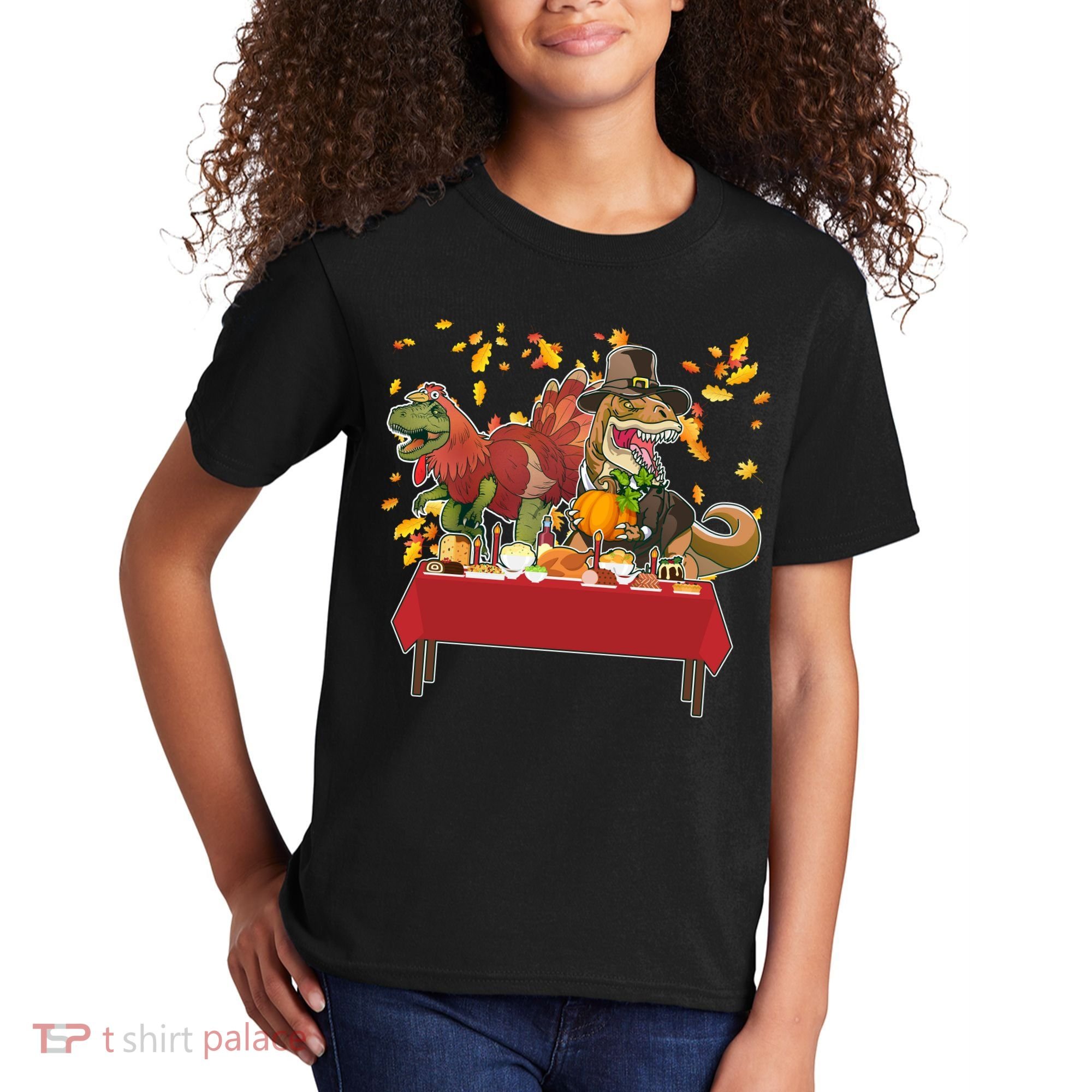 Turkey Pilgrim Dinosaurs T-Rex Funny Thanksgiving Kids T-Shirt