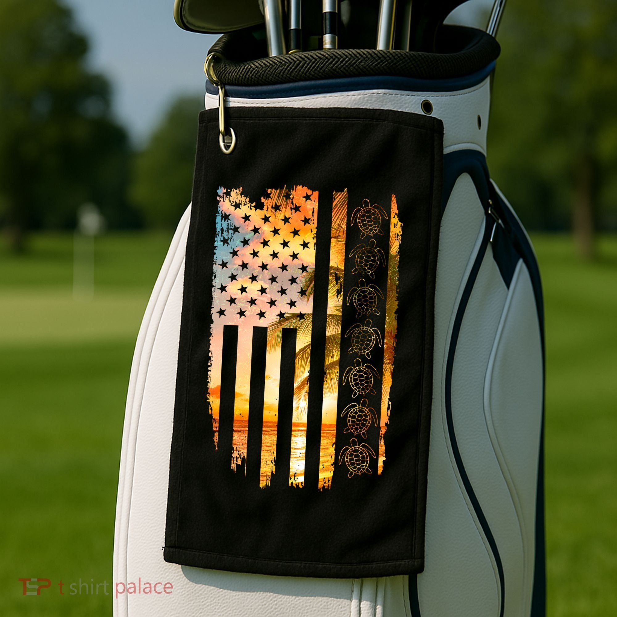 Turtle Sunset Beach Flag Golf Towel
