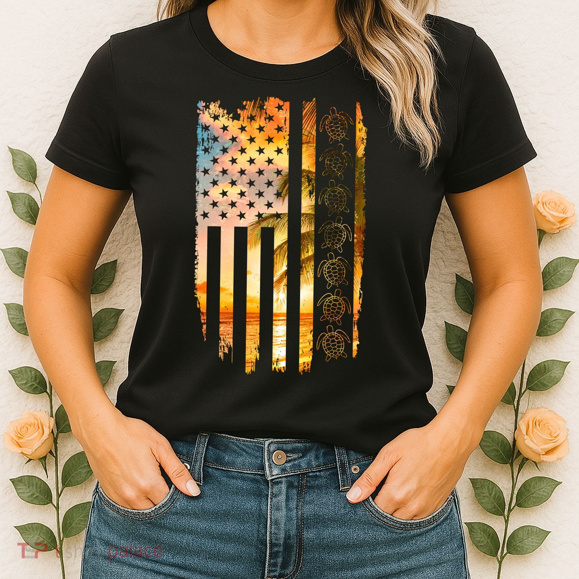 Turtle Sunset Beach Flag Women's T-Shirt