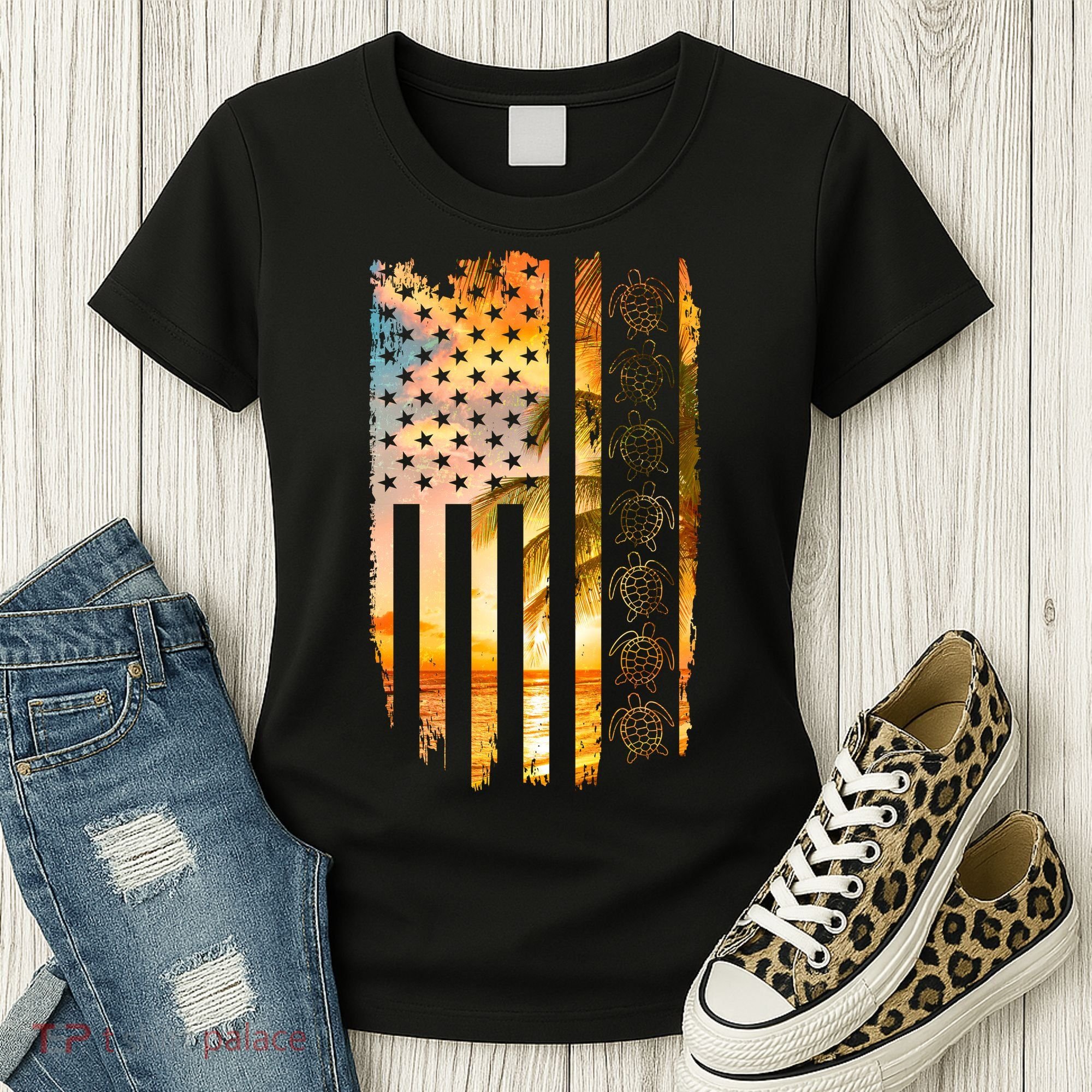 Turtle Sunset Beach Flag Women's T-Shirt