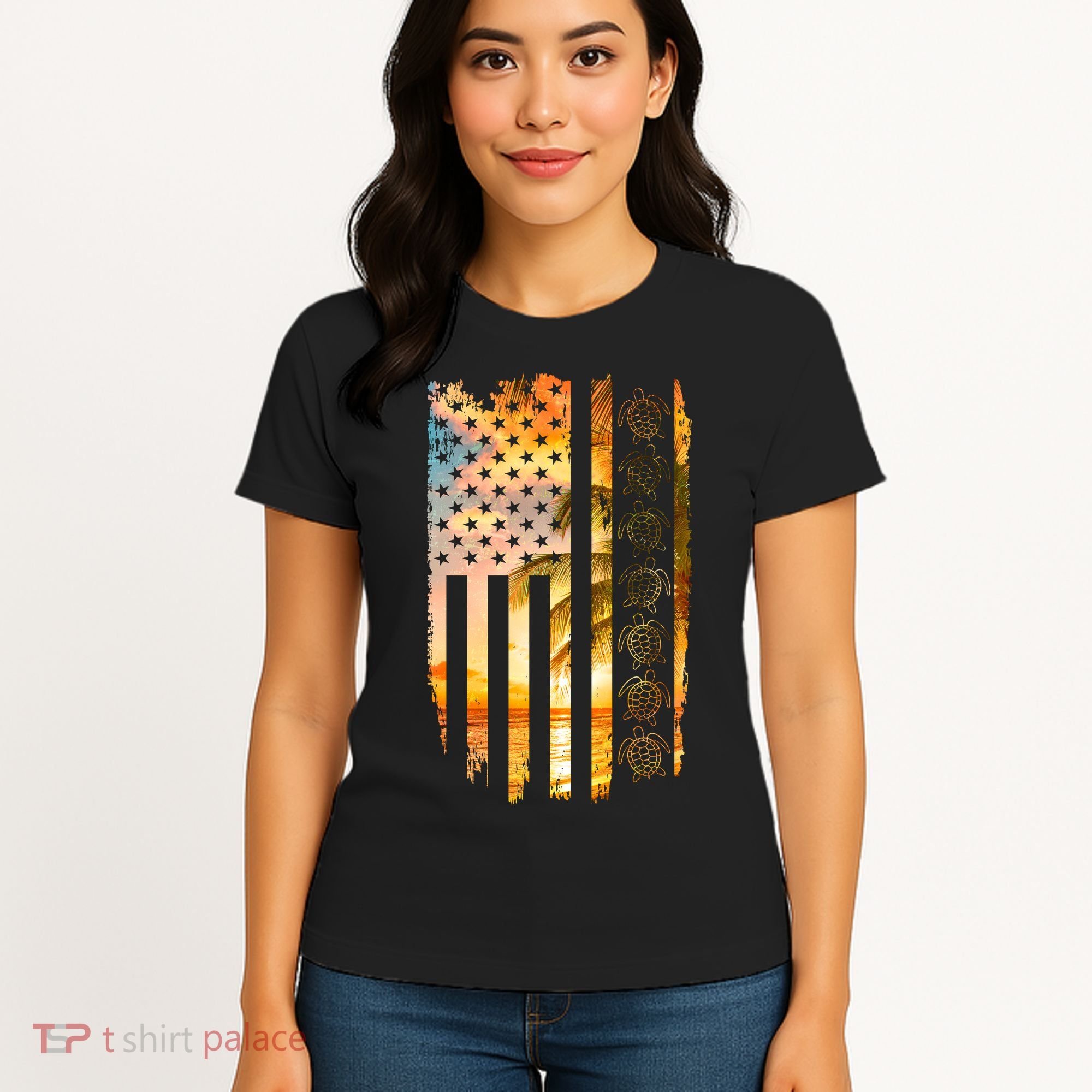 Turtle Sunset Beach Flag Women's T-Shirt