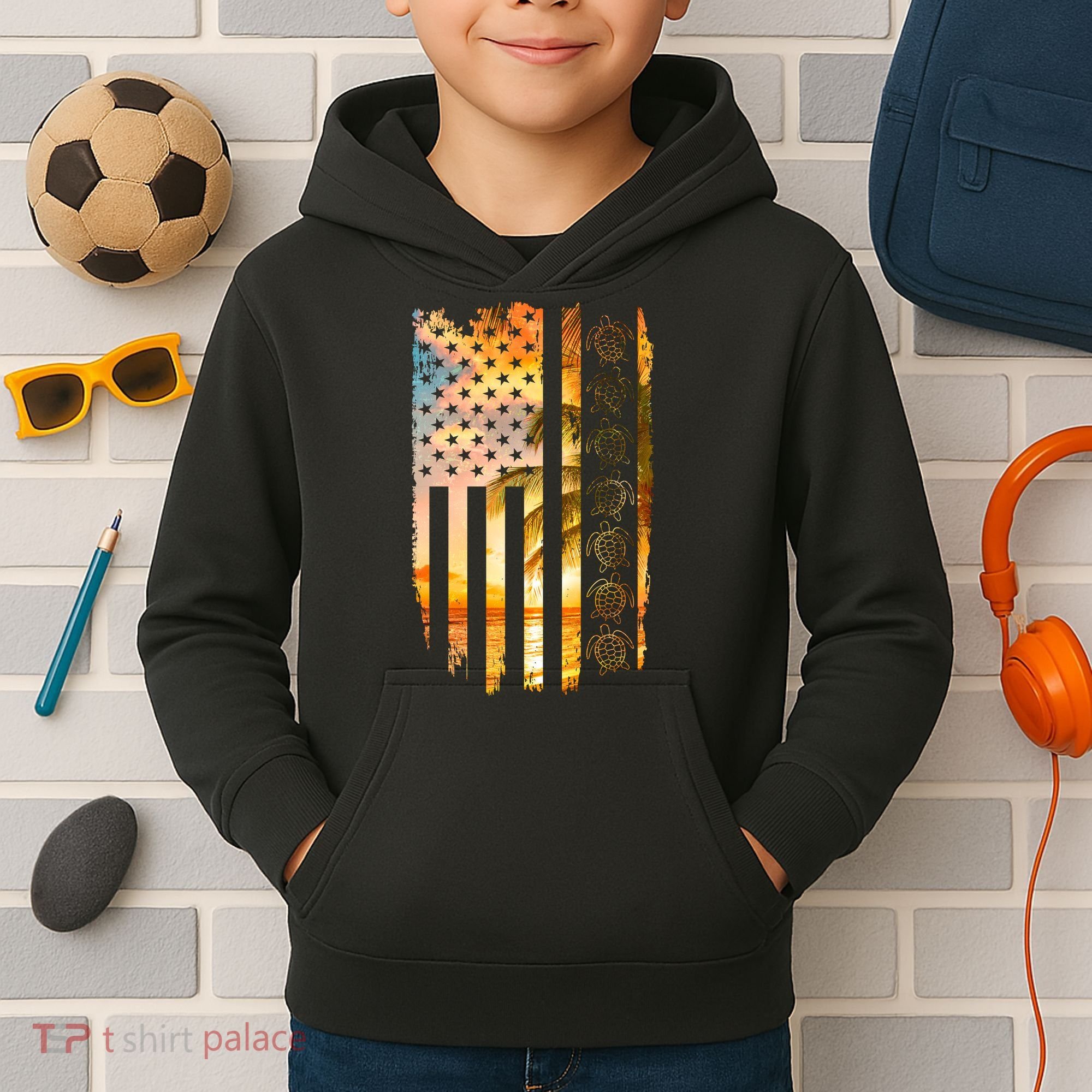 Turtle Sunset Beach Flag Kids Hoodie