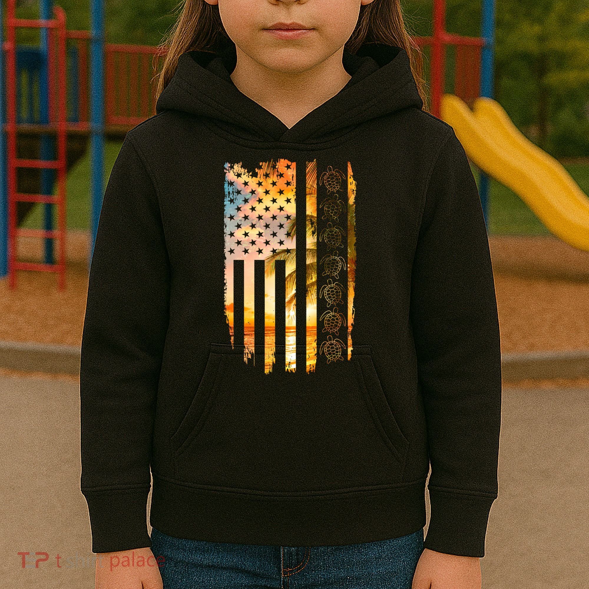 Turtle Sunset Beach Flag Kids Hoodie