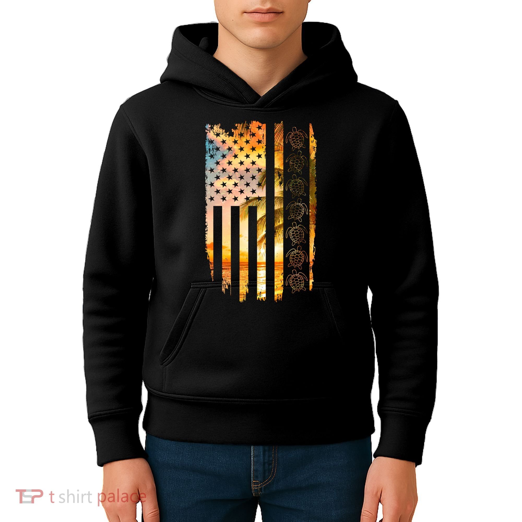 Turtle Sunset Beach Flag Kids Hoodie