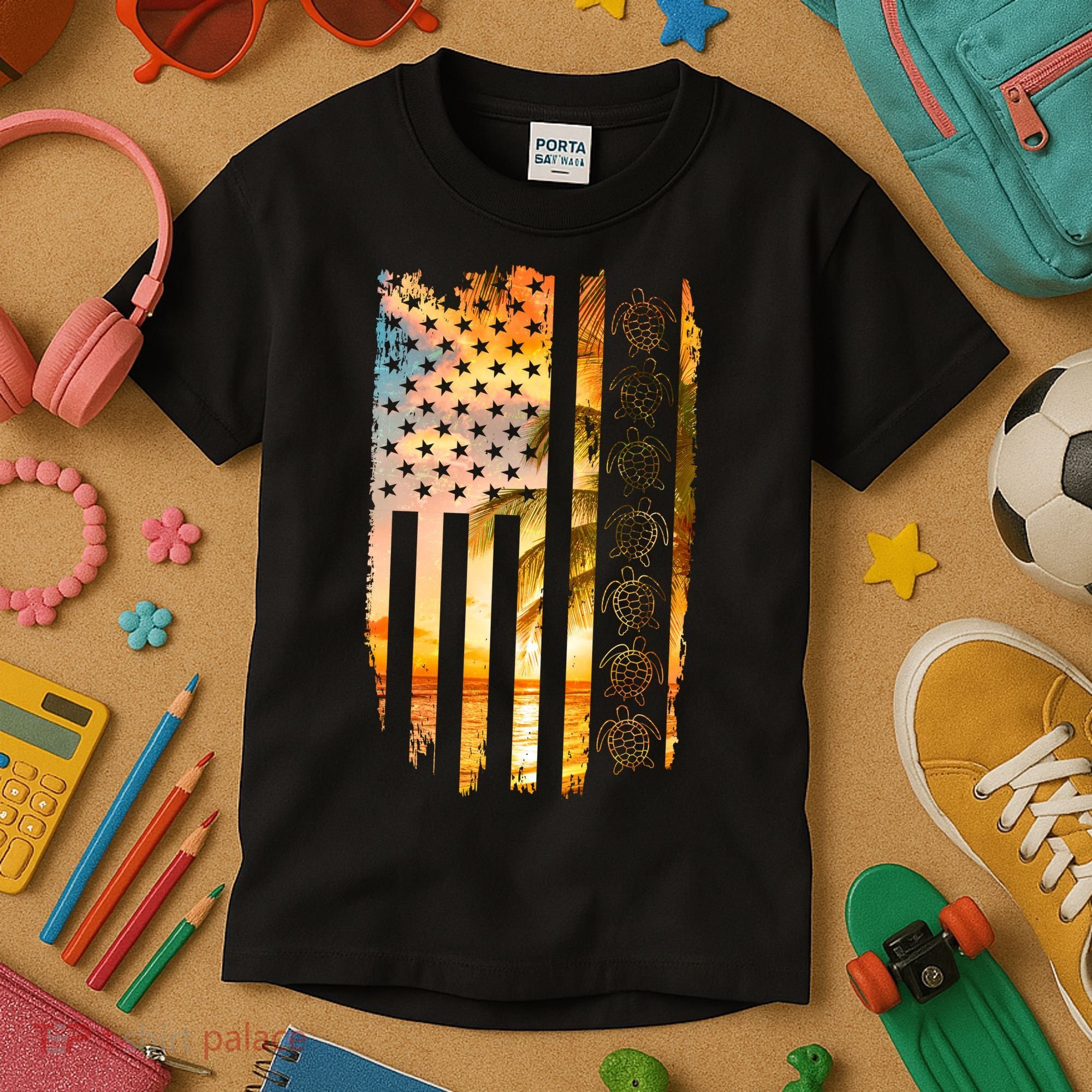 Turtle Sunset Beach Flag Kids T-Shirt