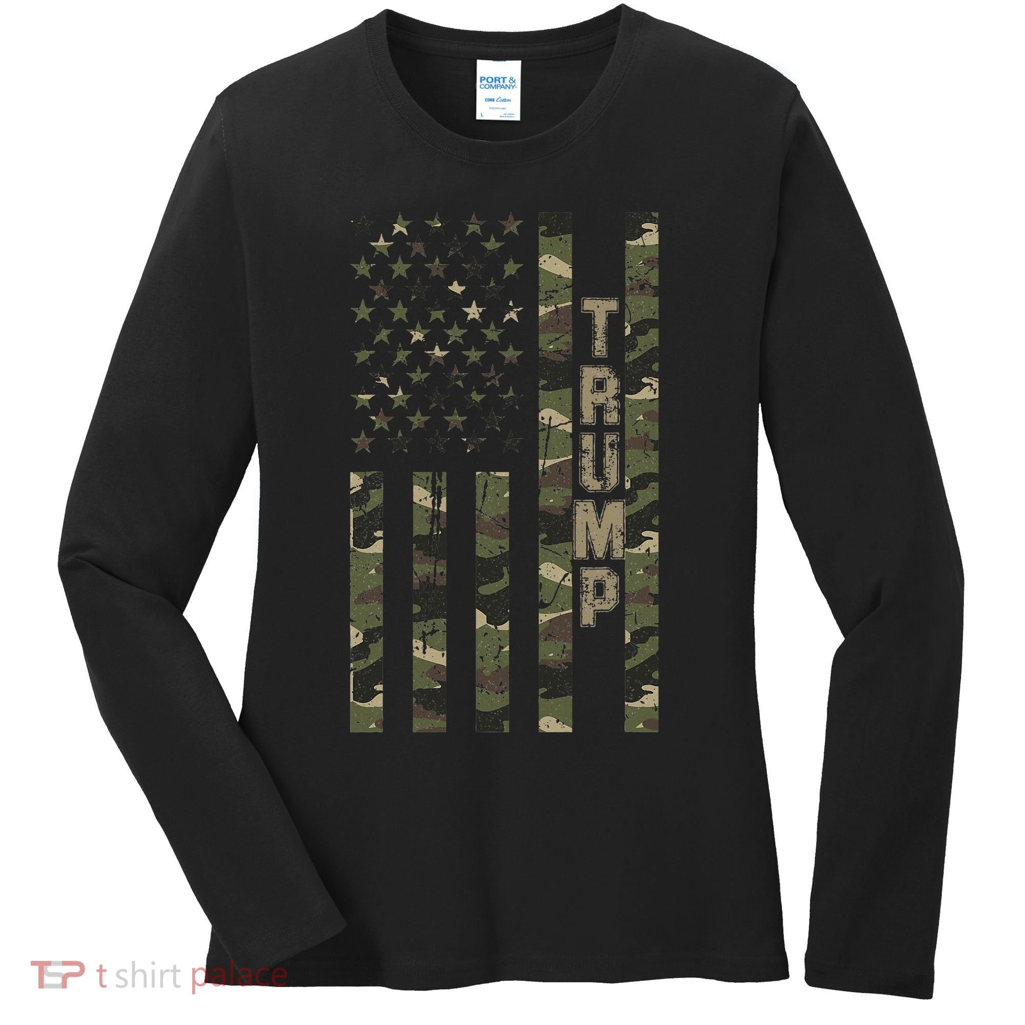 Trump United States Distressed Camo Us Flag Women's Long Sleeve Shirt