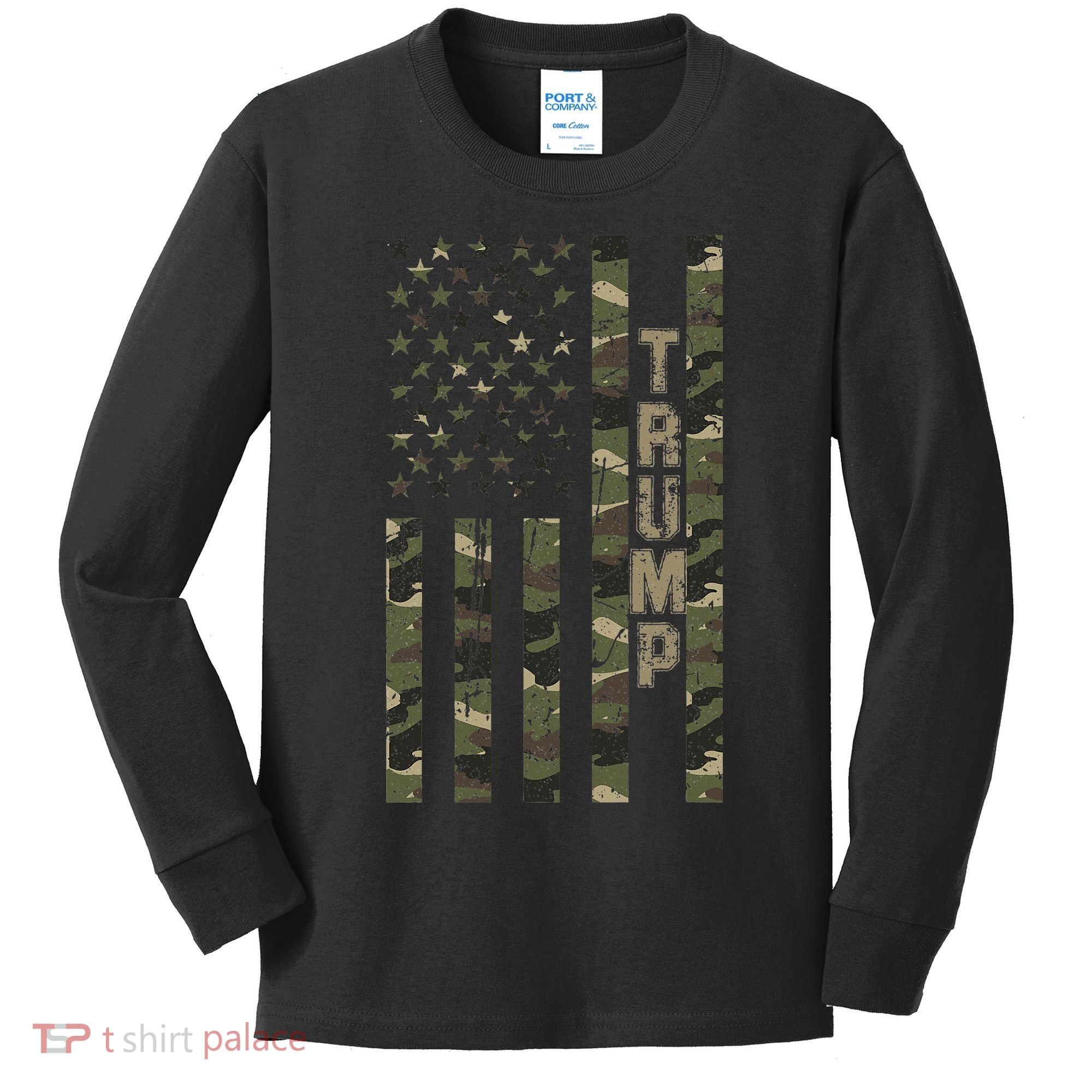Trump United States Distressed Camo Us Flag Kids Long Sleeve Shirt