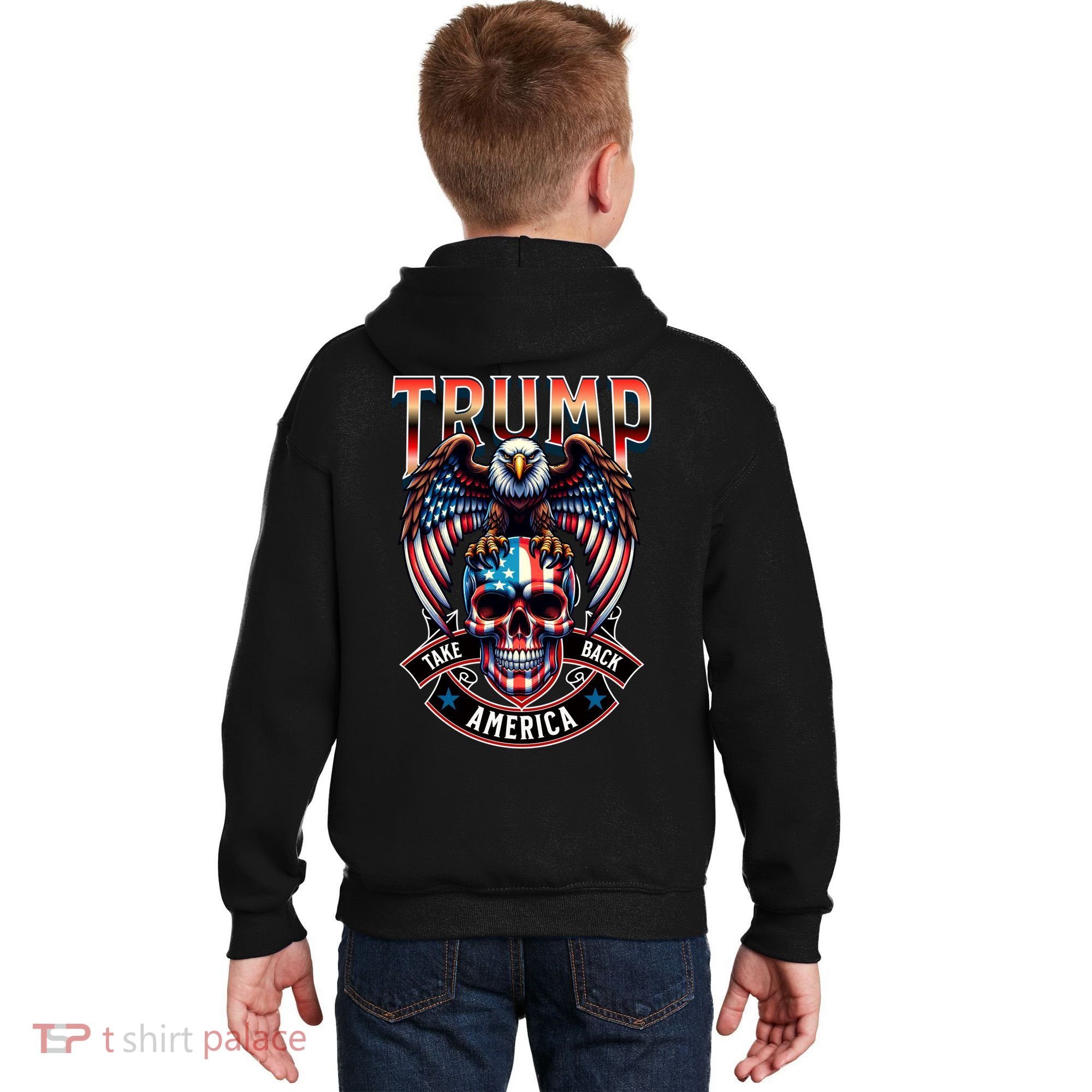 Trump Usa Skull Eagle Front And Back Logo Kids Hoodie