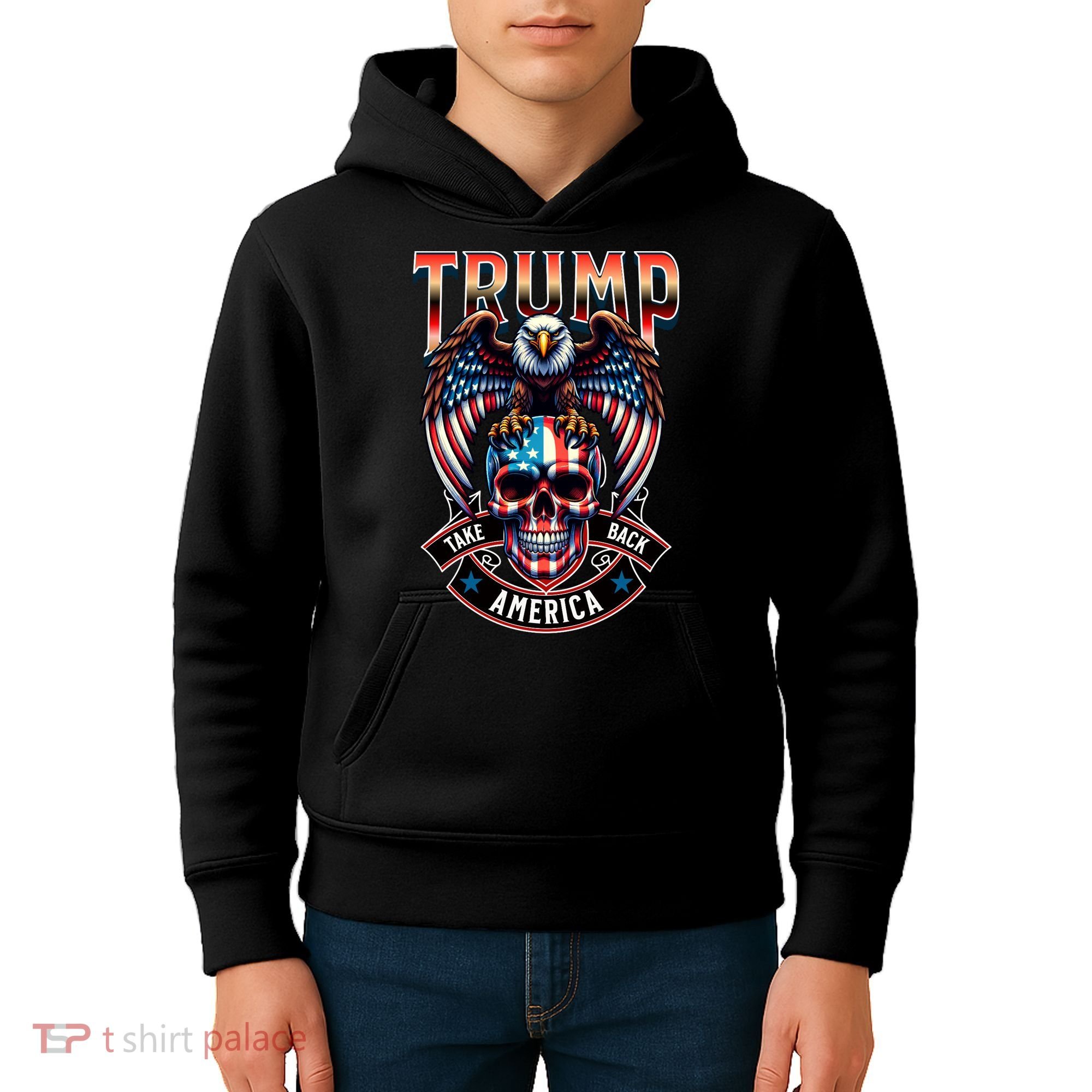 Trump Usa Skull Eagle Front And Back Logo Kids Hoodie