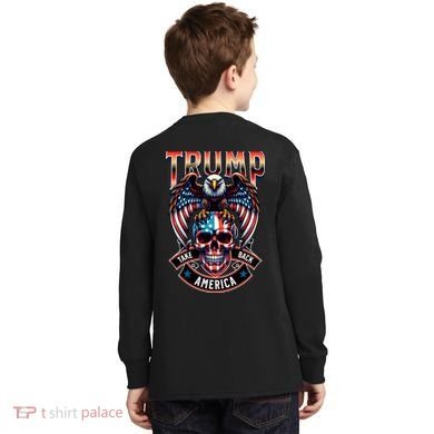 Trump Usa Skull Eagle Front And Back Logo Kids Long Sleeve Shirt back
