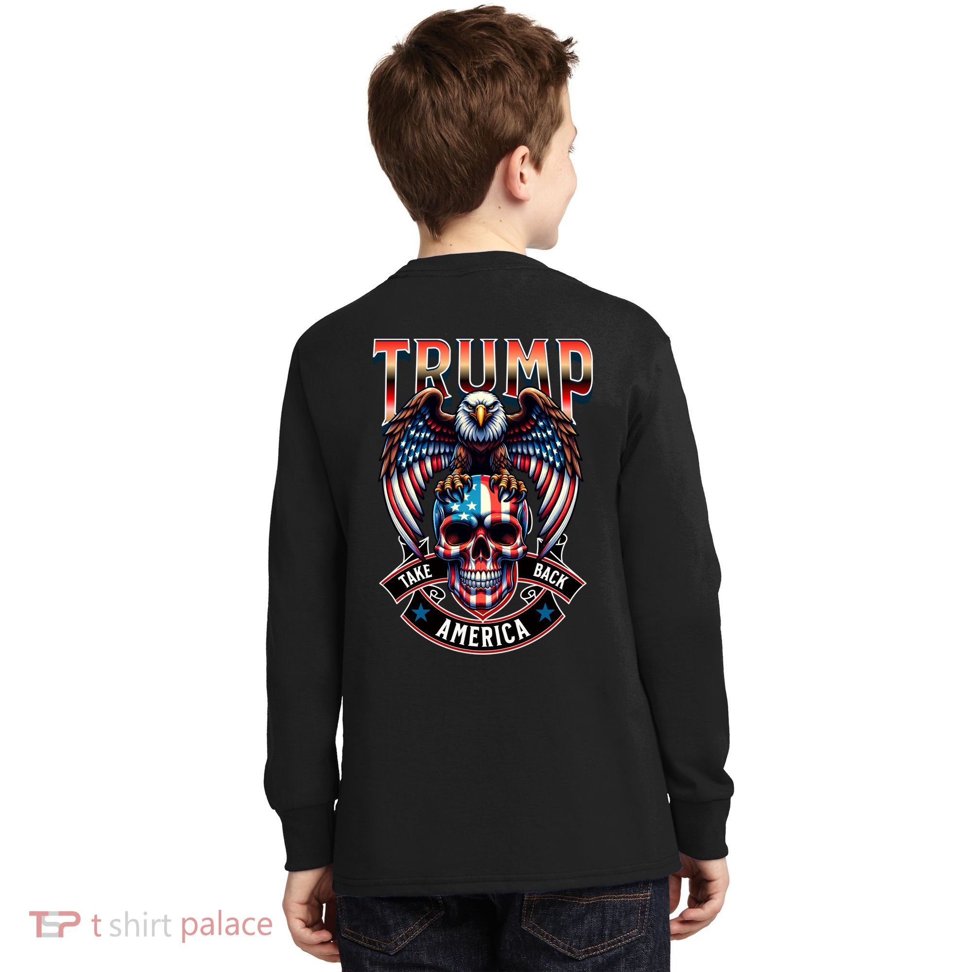 Trump Usa Skull Eagle Front And Back Logo Kids Long Sleeve Shirt