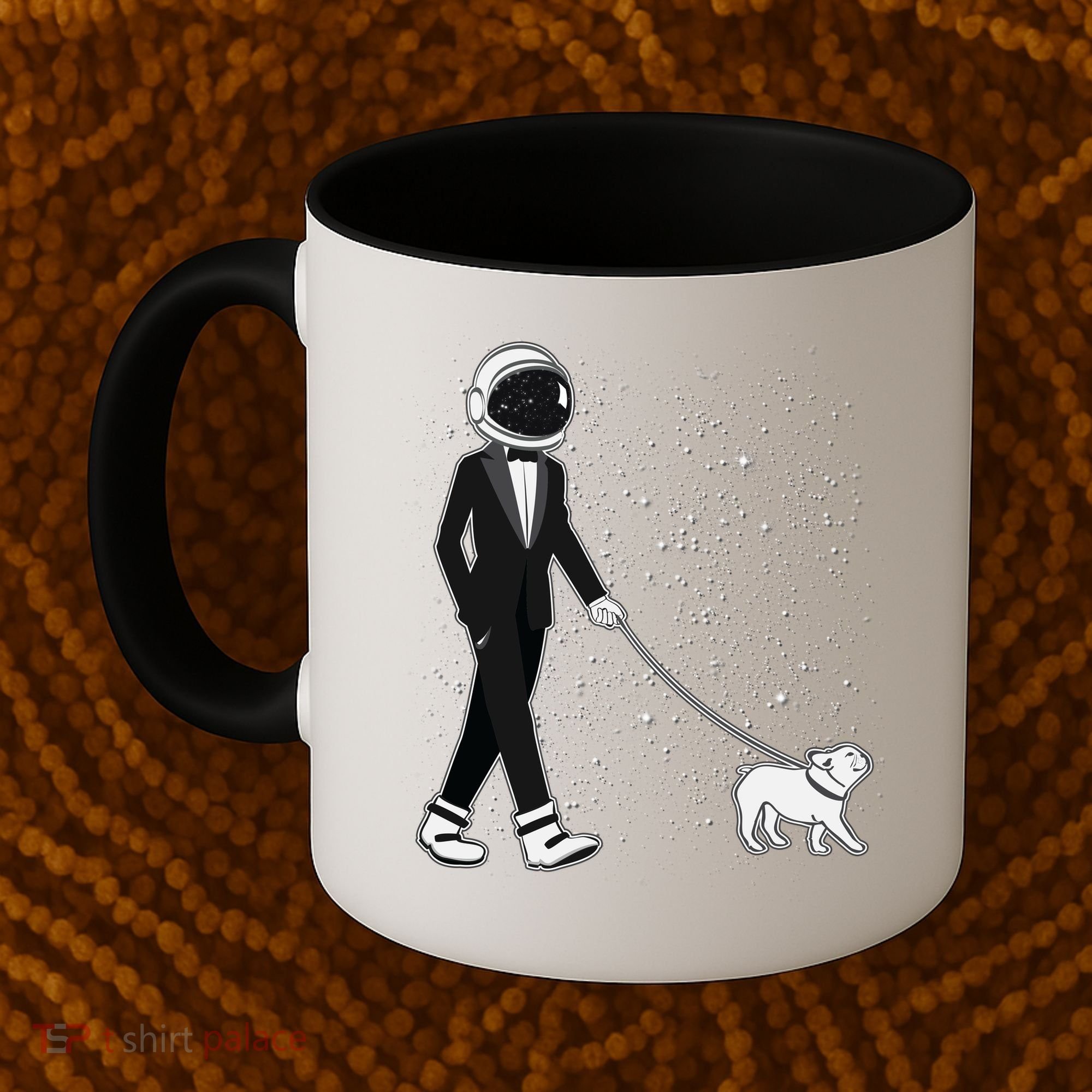 Tuxedo Astronaut Walking Dog Coffee Mug