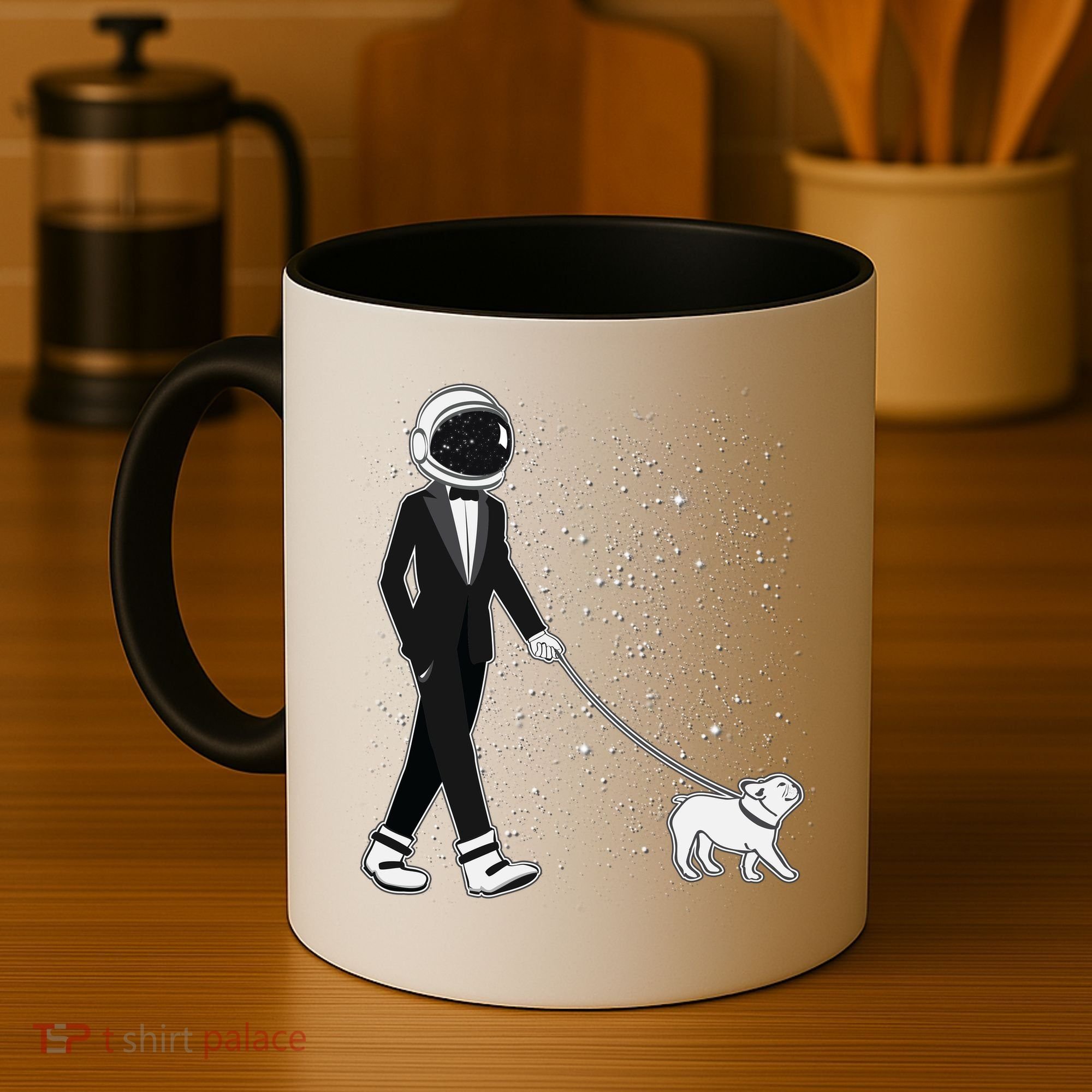 Tuxedo Astronaut Walking Dog Coffee Mug