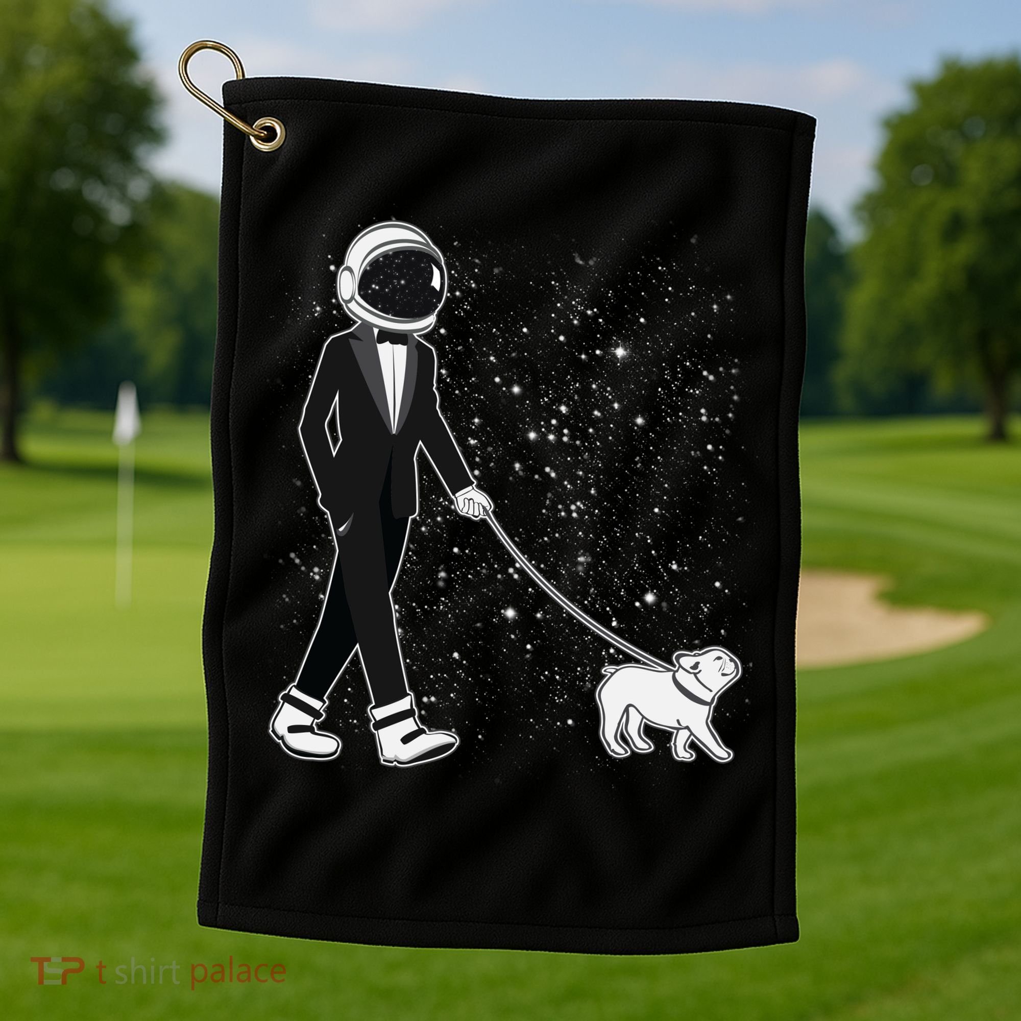 Tuxedo Astronaut Walking Dog Golf Towel
