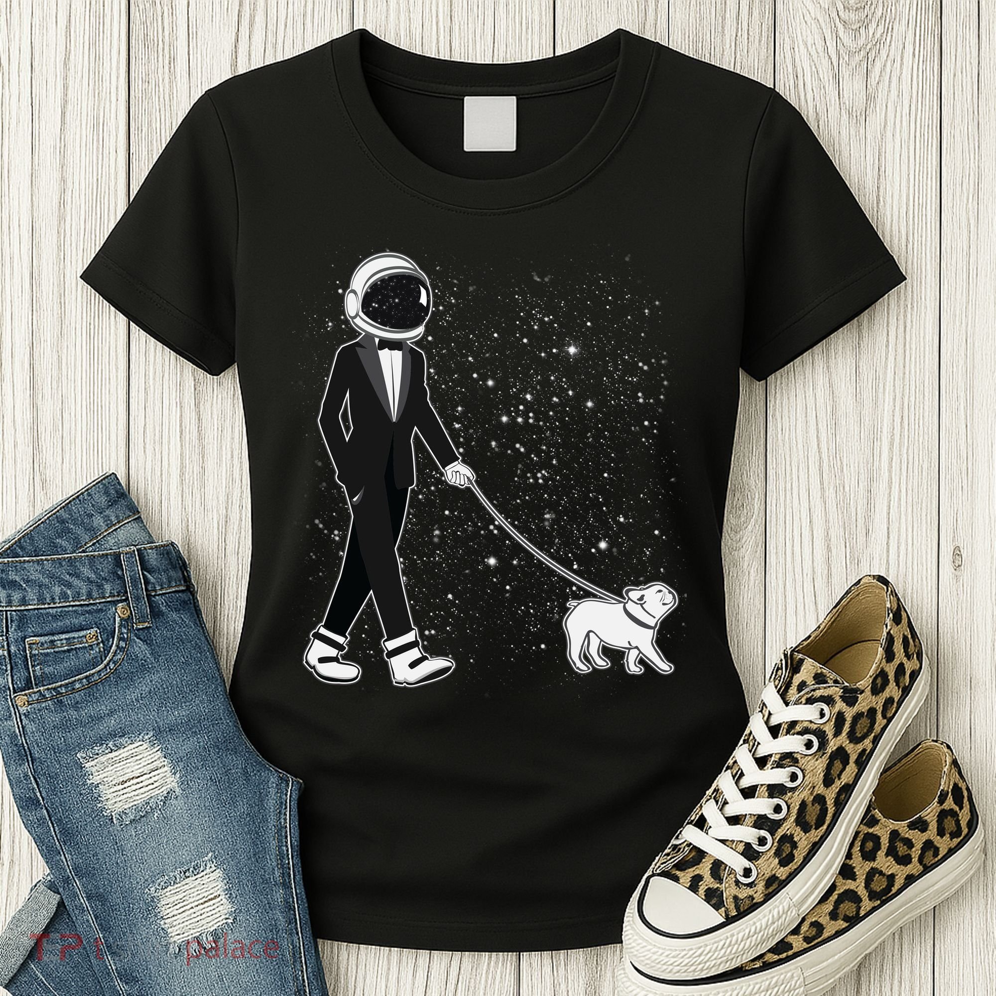 Tuxedo Astronaut Walking Dog Women's T-Shirt