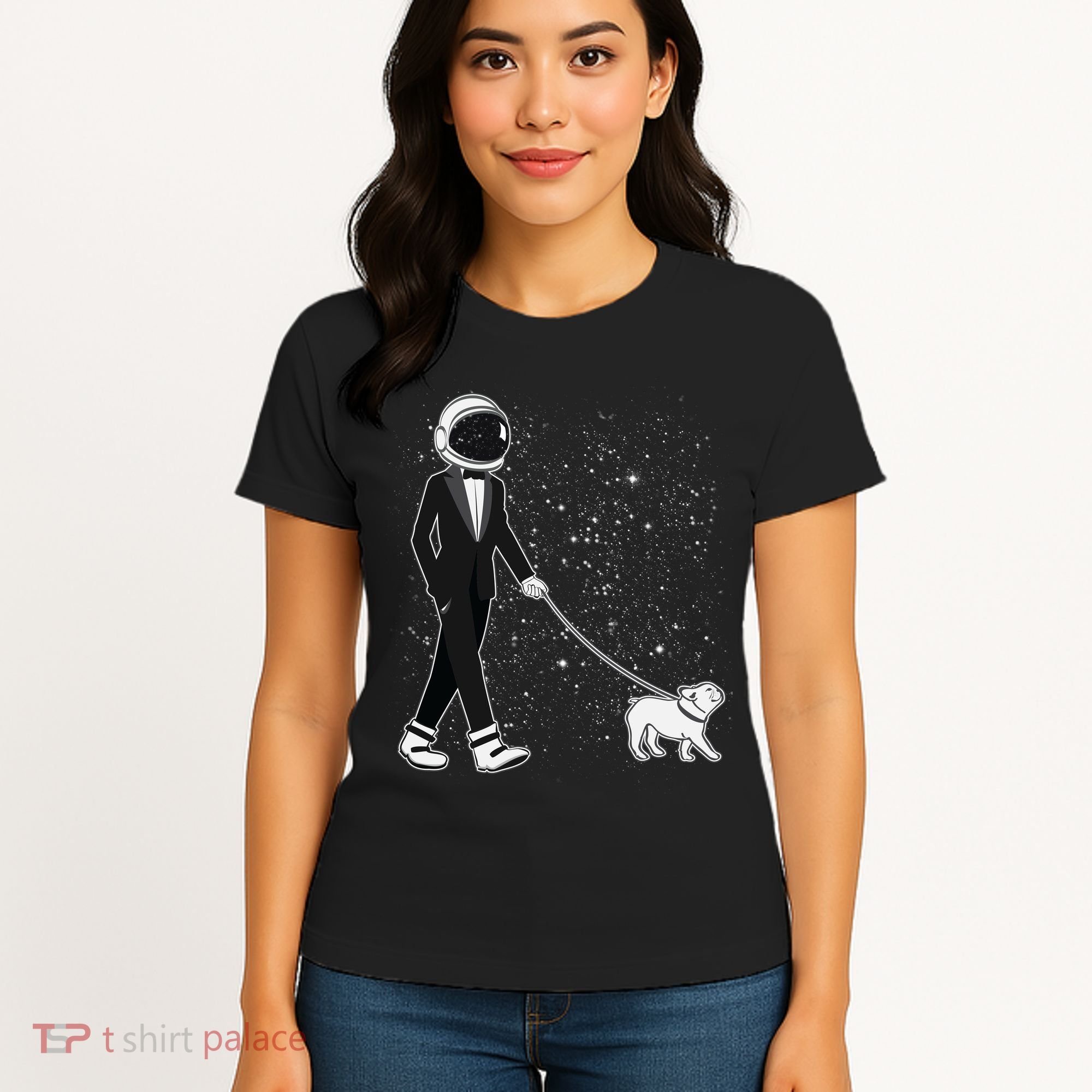 Tuxedo Astronaut Walking Dog Women's T-Shirt