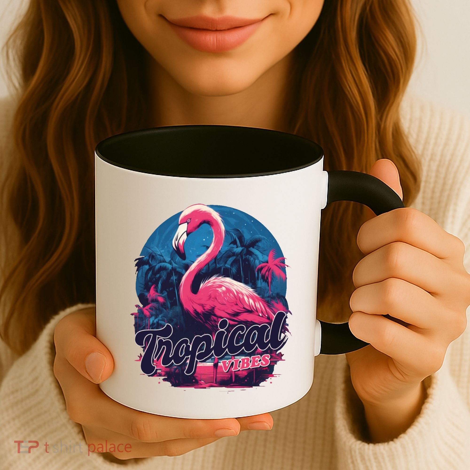Tropical Vibes Flamingo Retro Palm Tree Coffee Mug