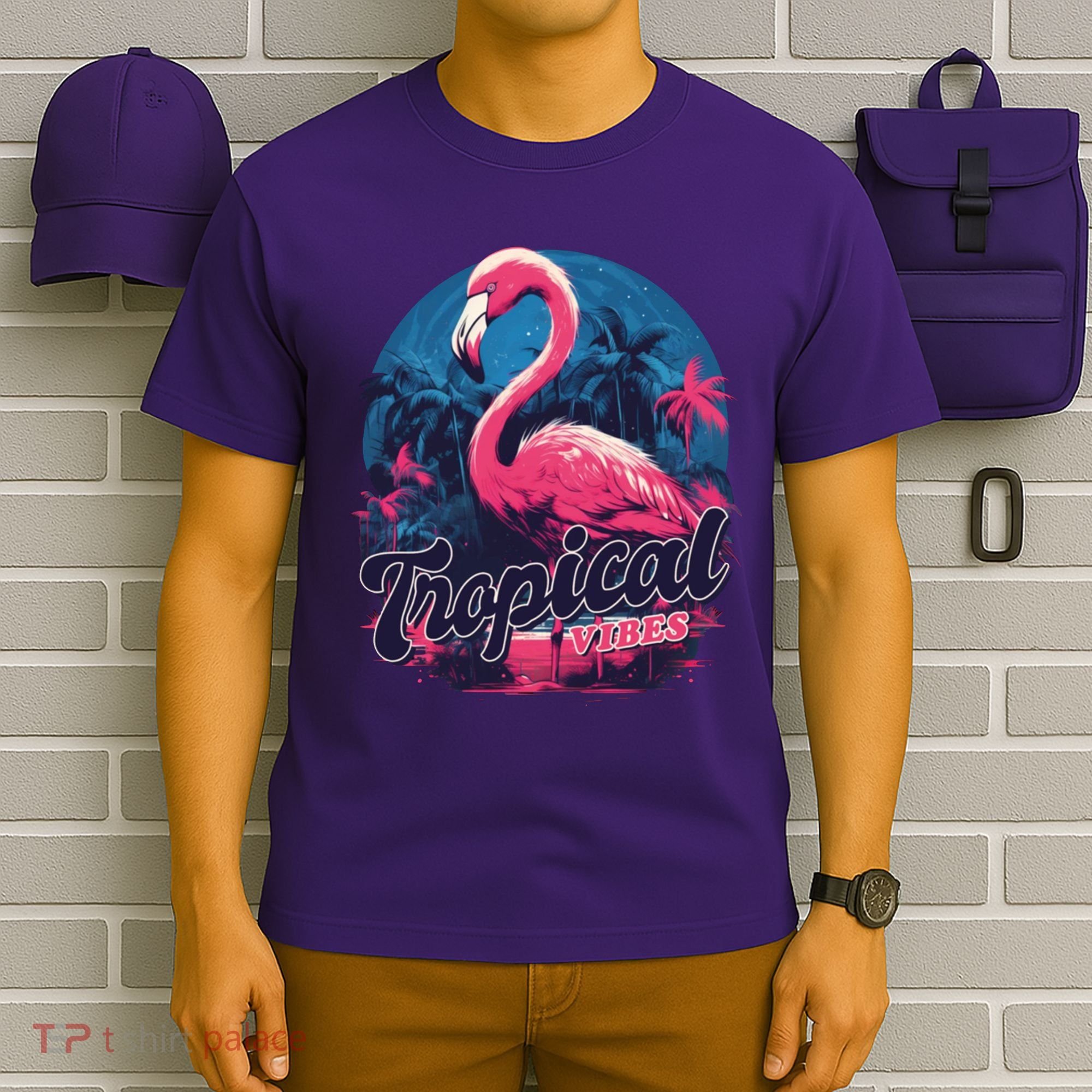 Tropical Vibes Flamingo Retro Palm Tree T-Shirt