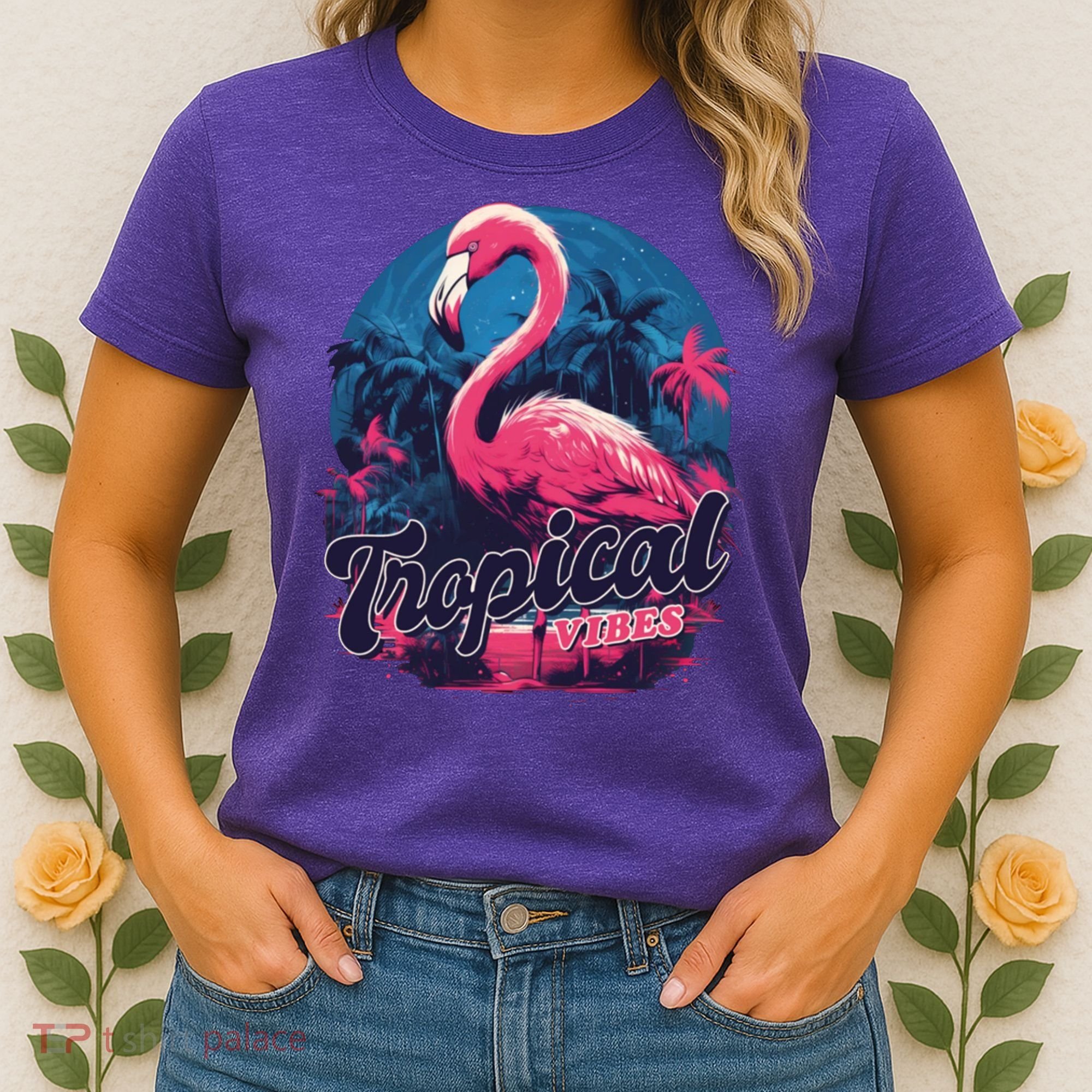 Tropical Vibes Flamingo Retro Palm Tree Women's T-Shirt
