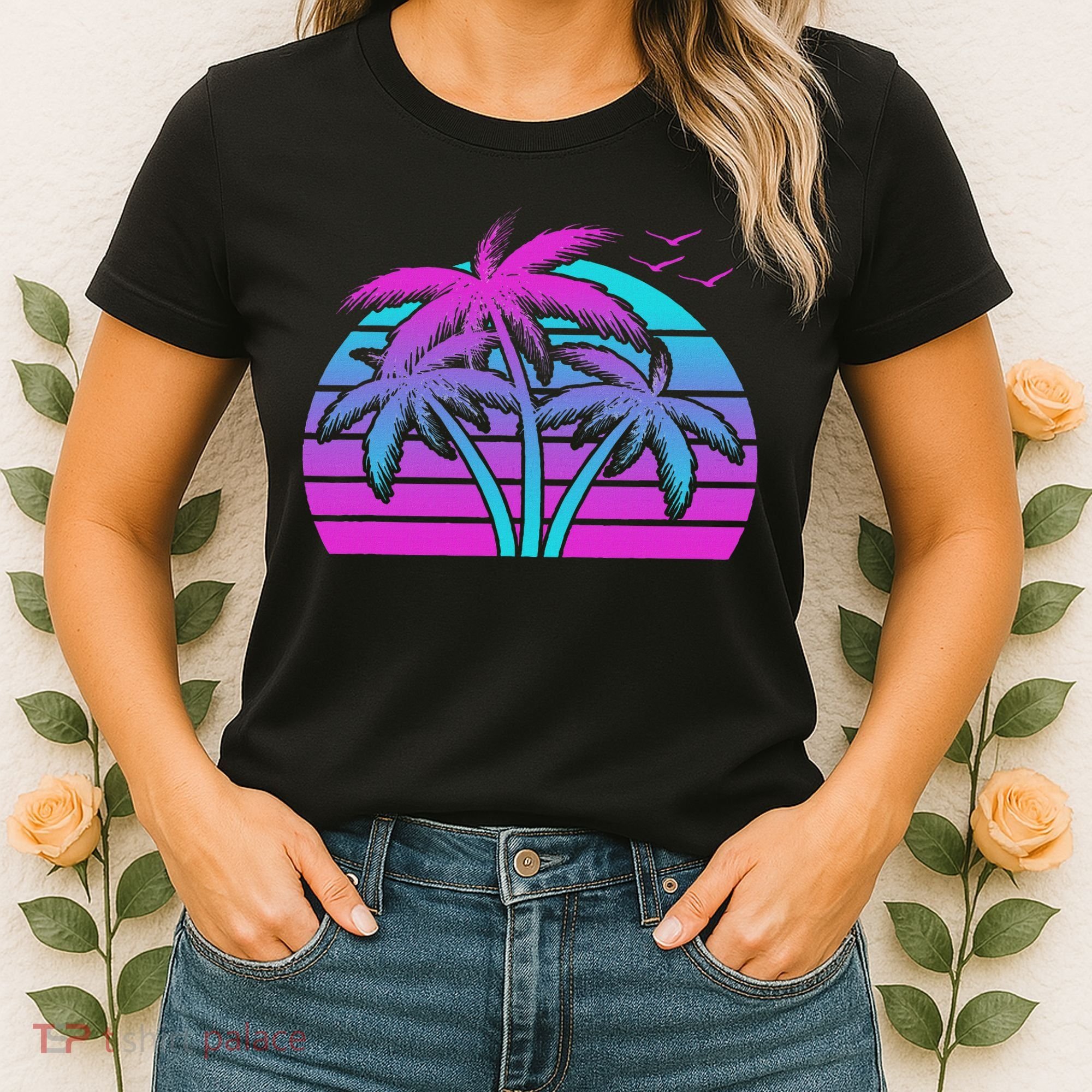 Tropical Vaporwave Hawaiian Palm Tree Hawaii Beach Edm  Women's T-Shirt