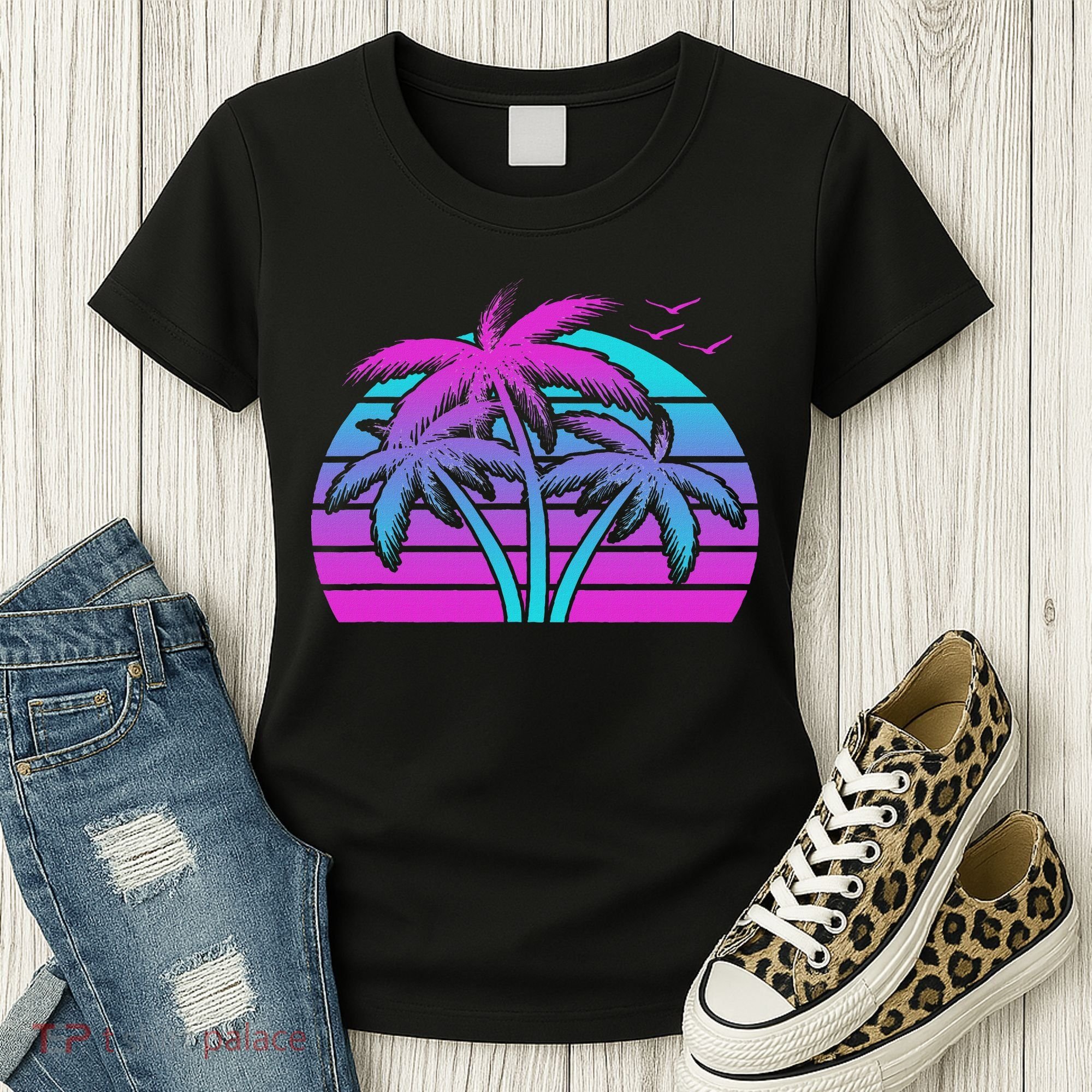 Tropical Vaporwave Hawaiian Palm Tree Hawaii Beach Edm  Women's T-Shirt