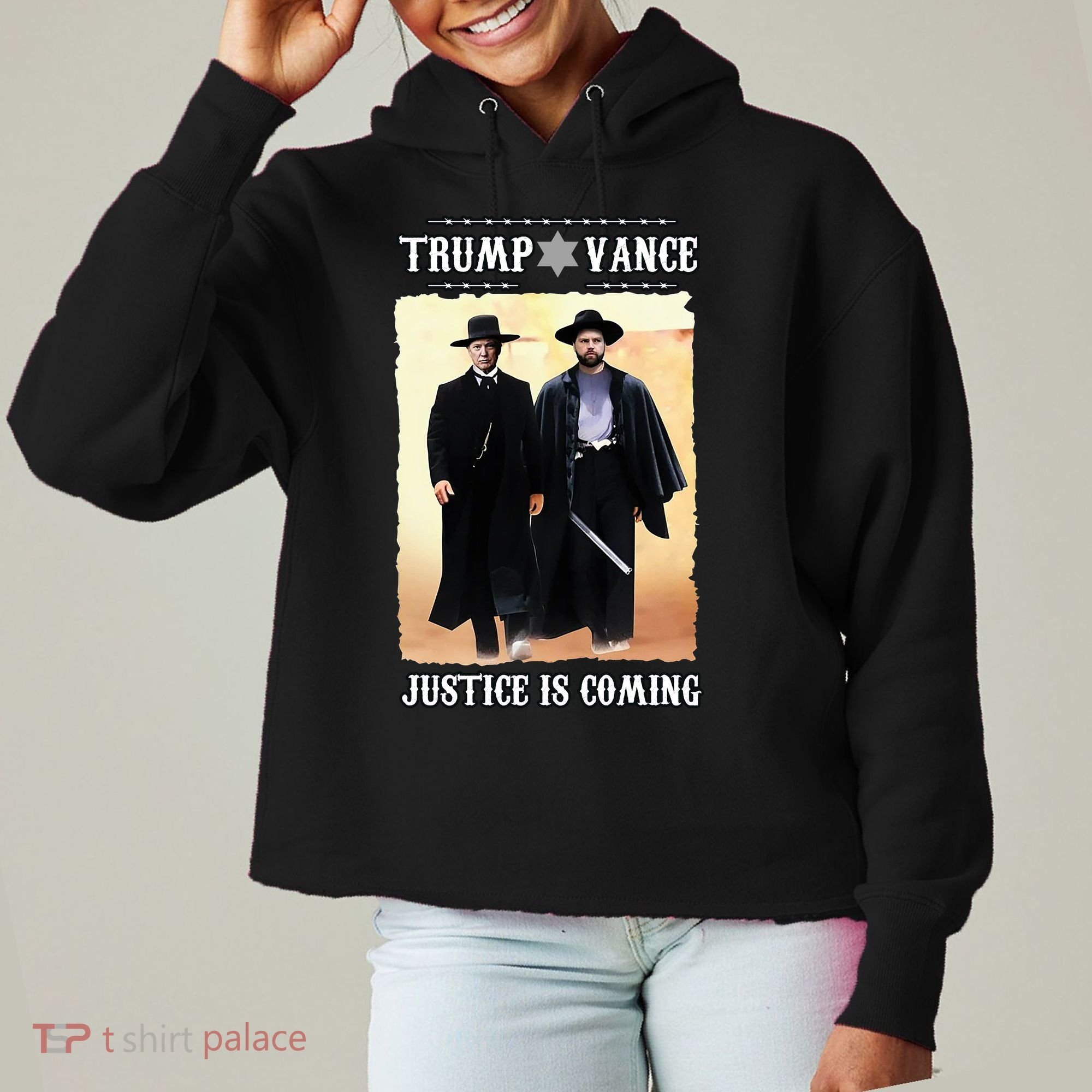 Trump Vance Justice Is Coming Ladies Heavyweight Boxy Pullover Hoodie