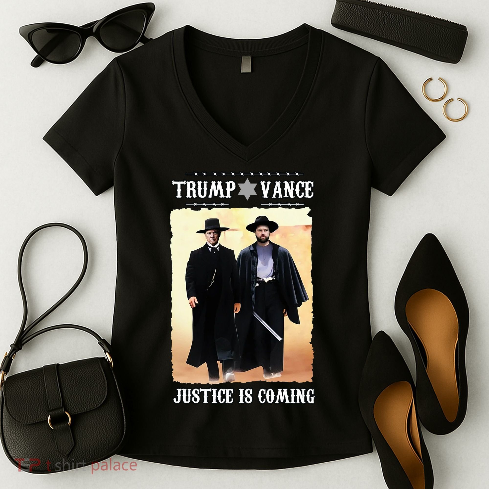 Trump Vance Justice Is Coming Women's V-Neck T-Shirt